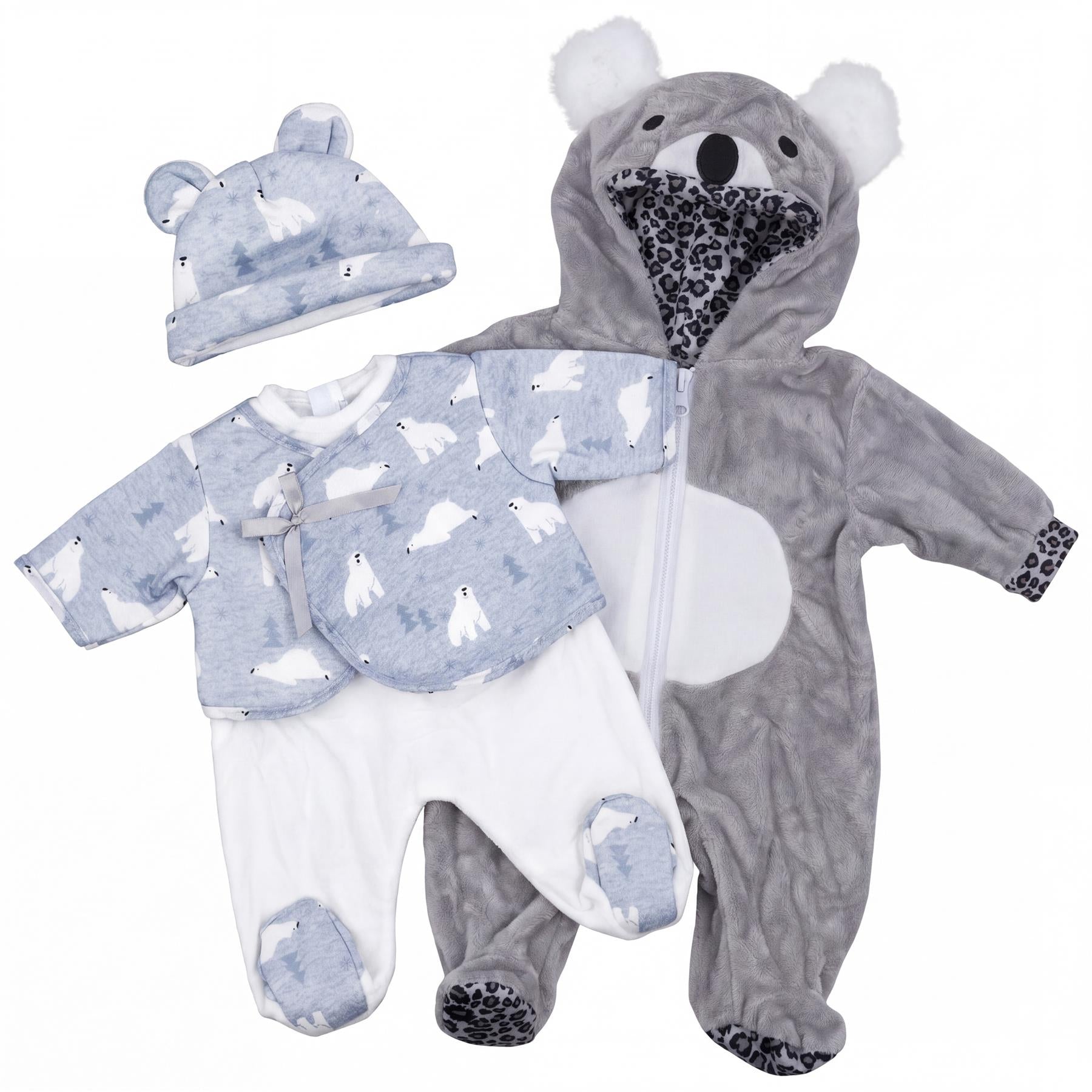 A doll clothes set featuring a bear costume and matching blue and white outfit components.