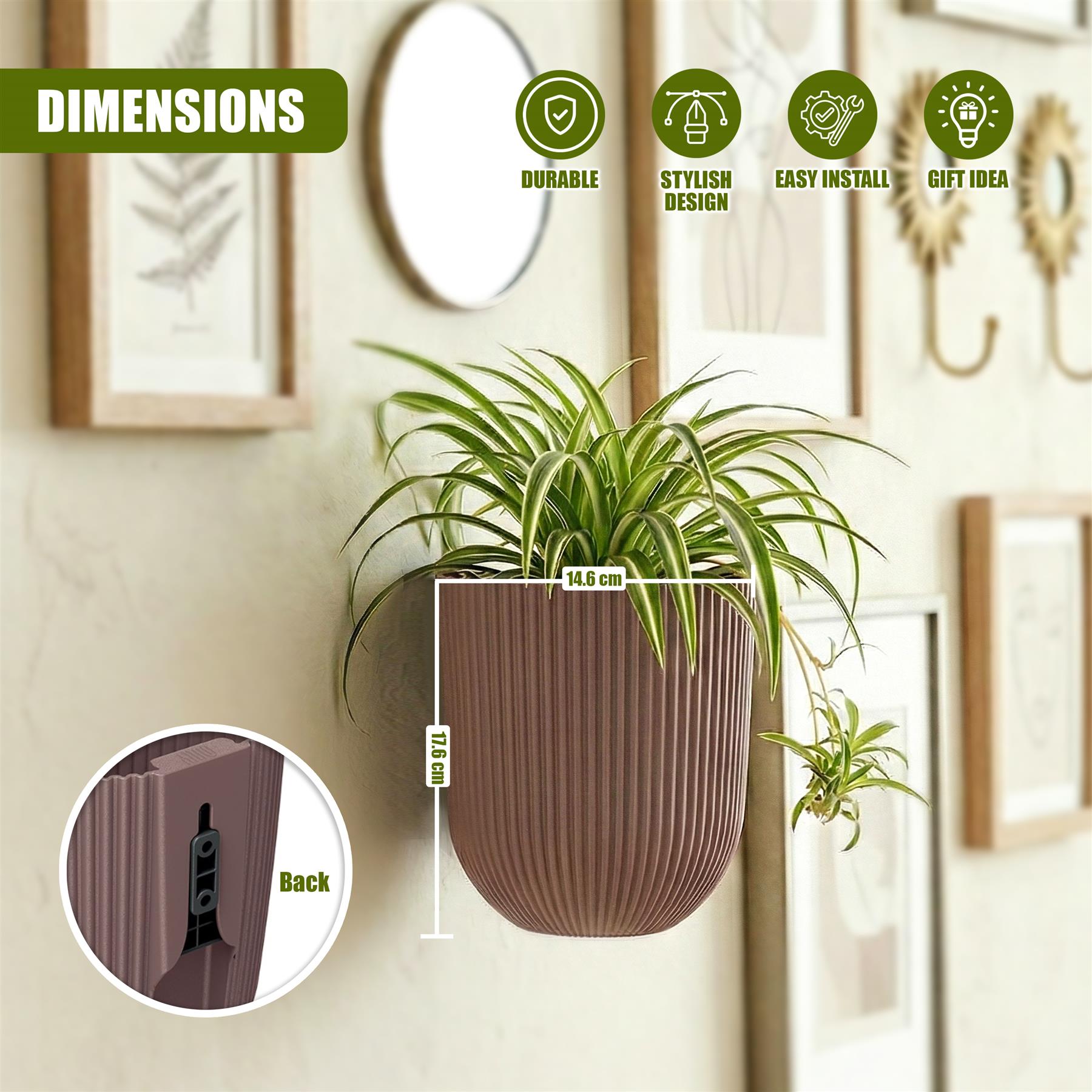 Dark brown ribbed planter holding a live green plant, displayed against a wall with framed art.