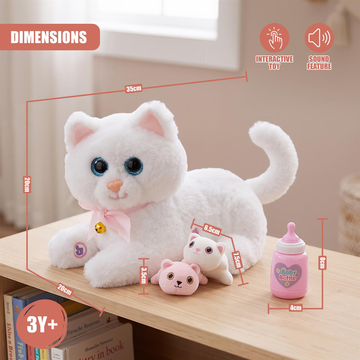 Interactive Plush Cat with 2 Kittens and Sounds