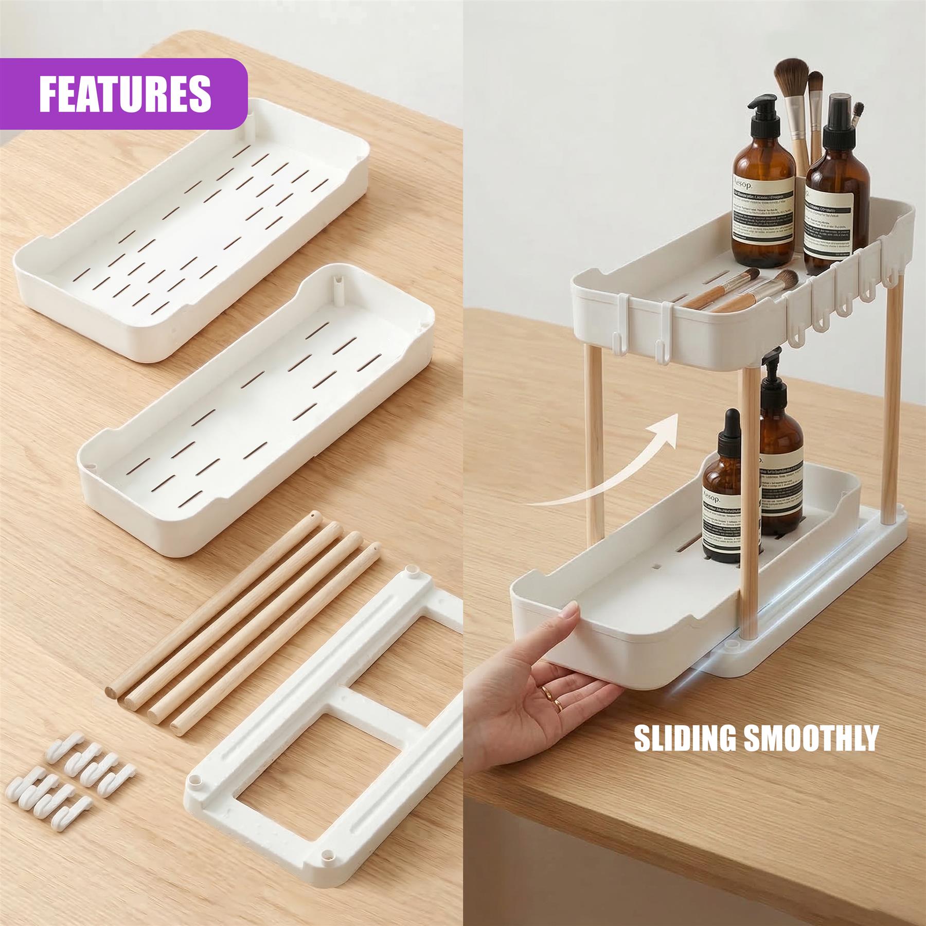 Vertical, white tiered shelf unit holding bottles and featuring a sliding pull-out tray design.