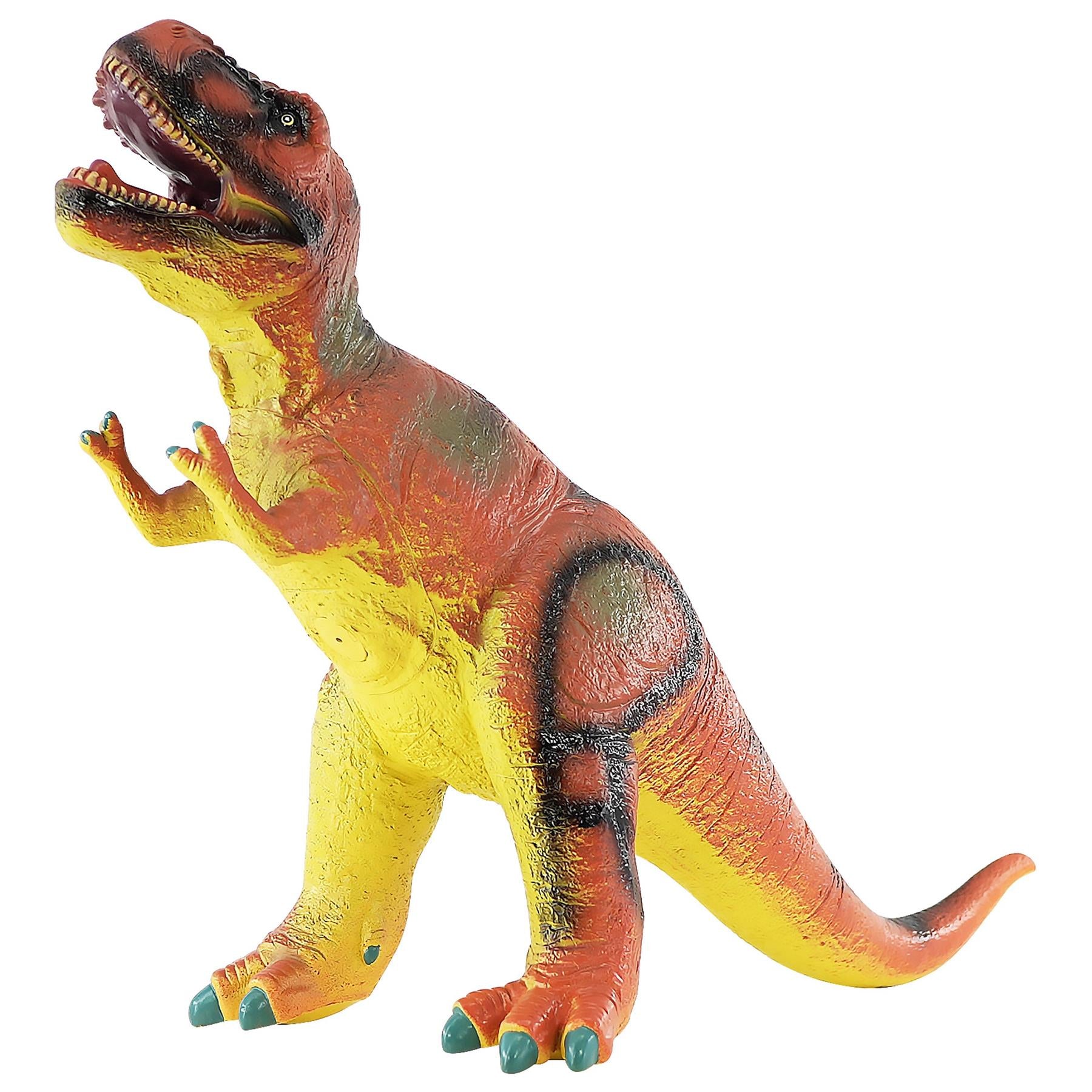 Yellow and orange soft foam toy dinosaur standing in a playful, roaring pose.