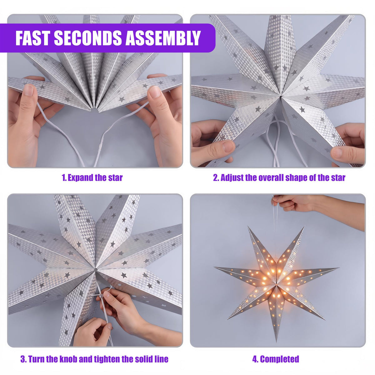 Six-step image showing how to assemble the 60cm GEEZY LED Hanging Paper Star lantern
