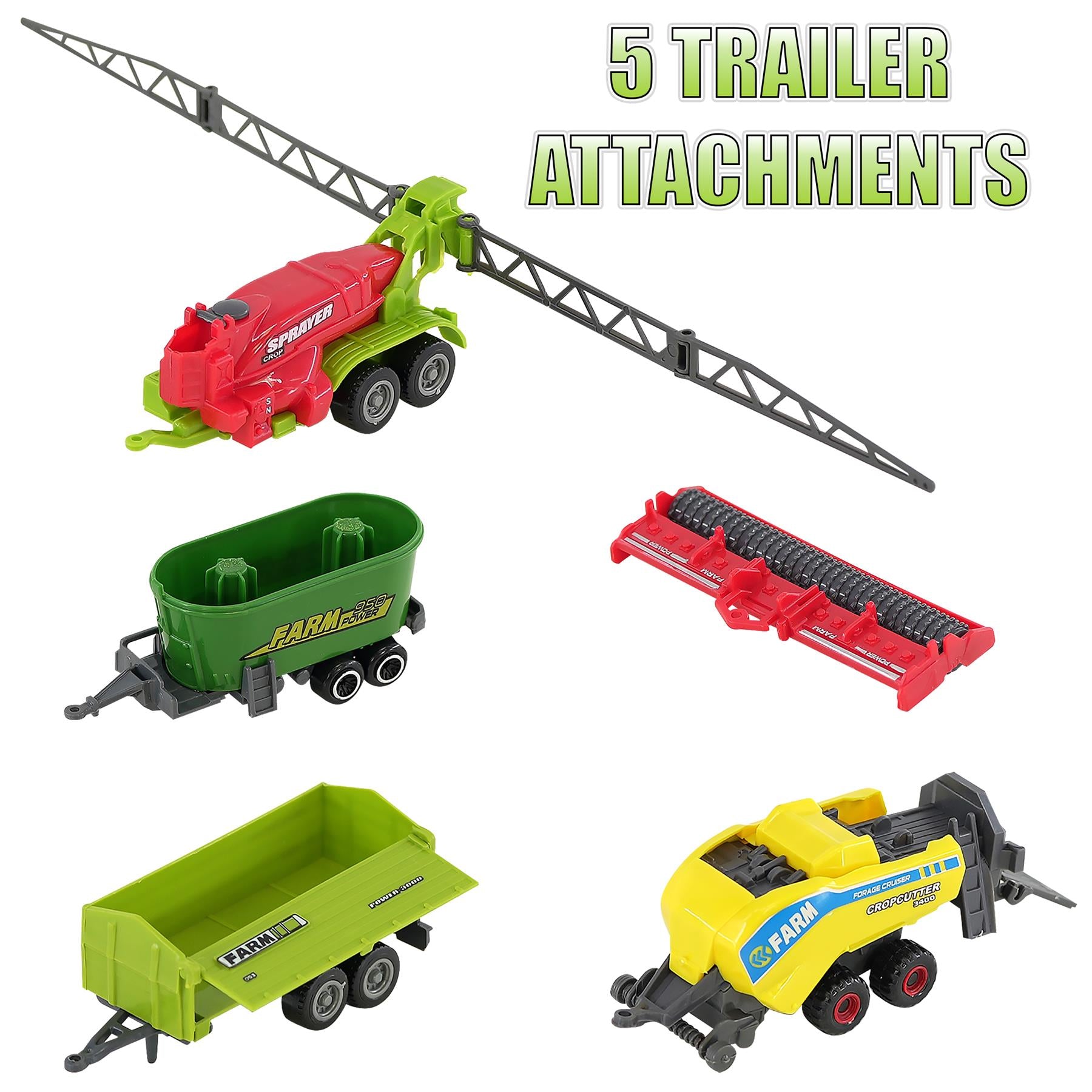 Five toy tractors and trailers in vibrant colors: red, yellow, green, blue, and black. Each model has distinctive features like wheels and attachments. The scene includes a crane trailer, flatbed, dump truck, pickup truck, and a car carrier. - The Magic Toy Shop