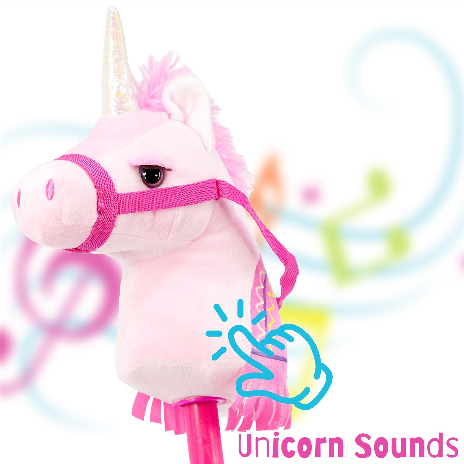 A plush pink unicorn hobby horse with a shiny horn and pastel mane, featuring a pink harness and sound activation. The background includes colorful musical notes. Perfect for imaginative play. Designed for children. themagictoyshop