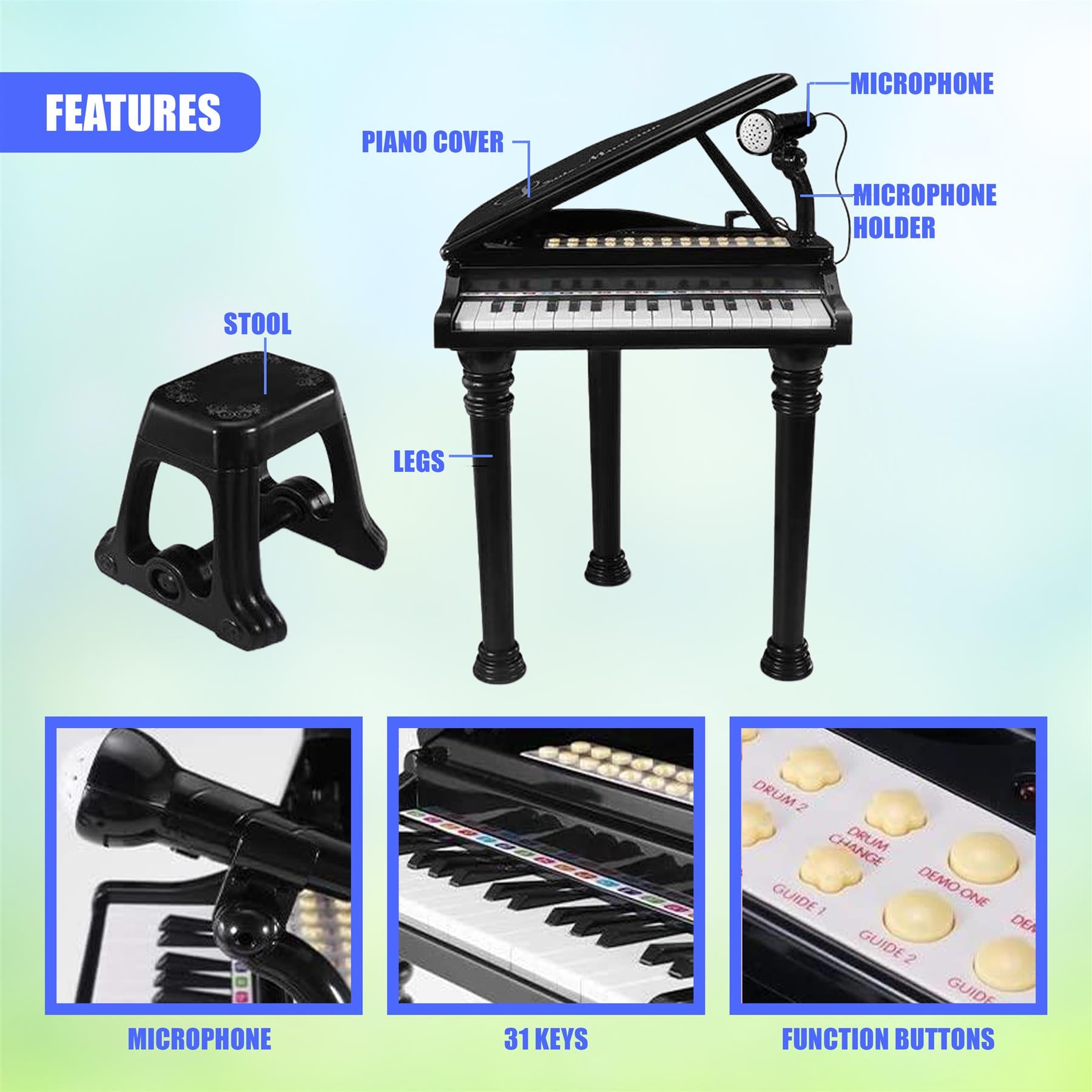 Black Electronic Piano With Microphone and Stool