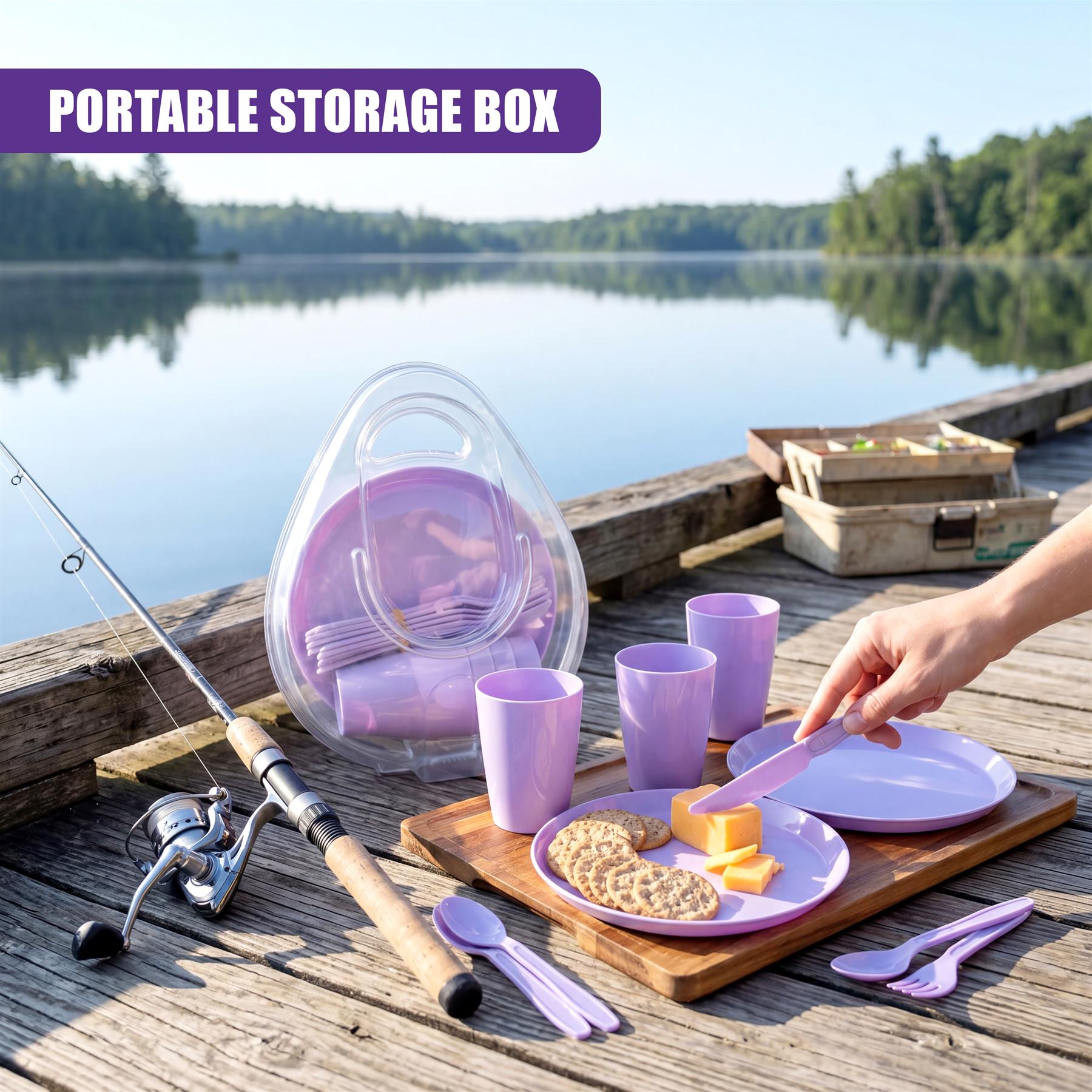 Purple outdoor picnic set, storage container, and utensils on a wooden dock beside a fishing rod.