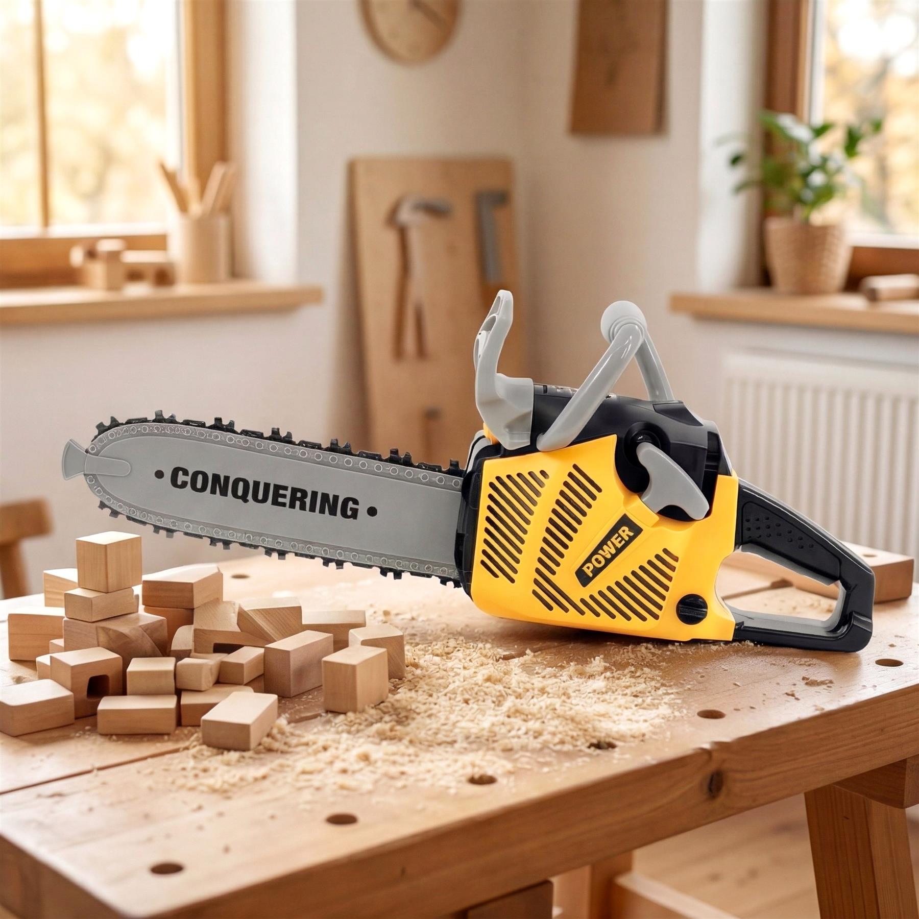 Toy chainsaw, yellow and black, rests among stacked wooden blocks and sawdust on a workbench.