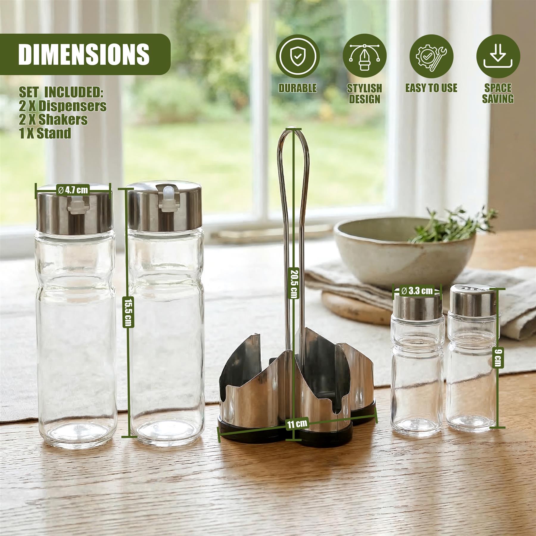 Set of condiment dispensers includes two large and two small clear shakers on a stainless steel stand.