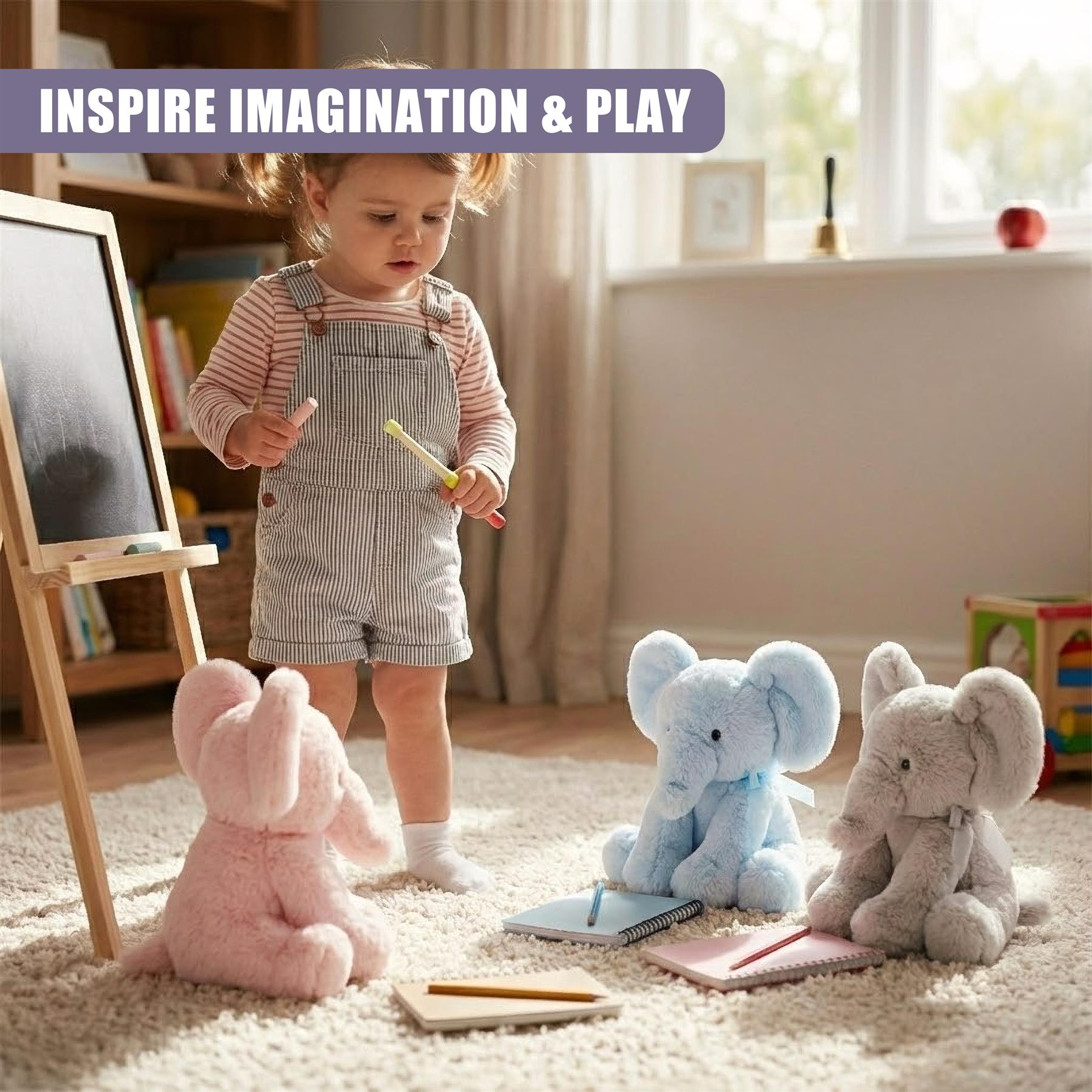 Plush stuffed animal toys, including a grey elephant, rest on a neutral carpet near a chalkboard.