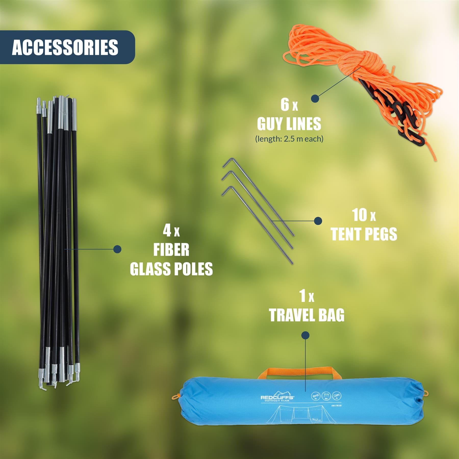 Camping accessories featuring a blue windbreaker, fiber poles, guy lines, pegs, and a storage travel bag.