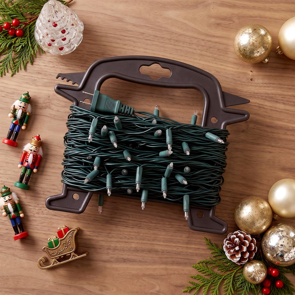 GEEZY Christmas light reel storage with fairy lights and decorative Christmas items