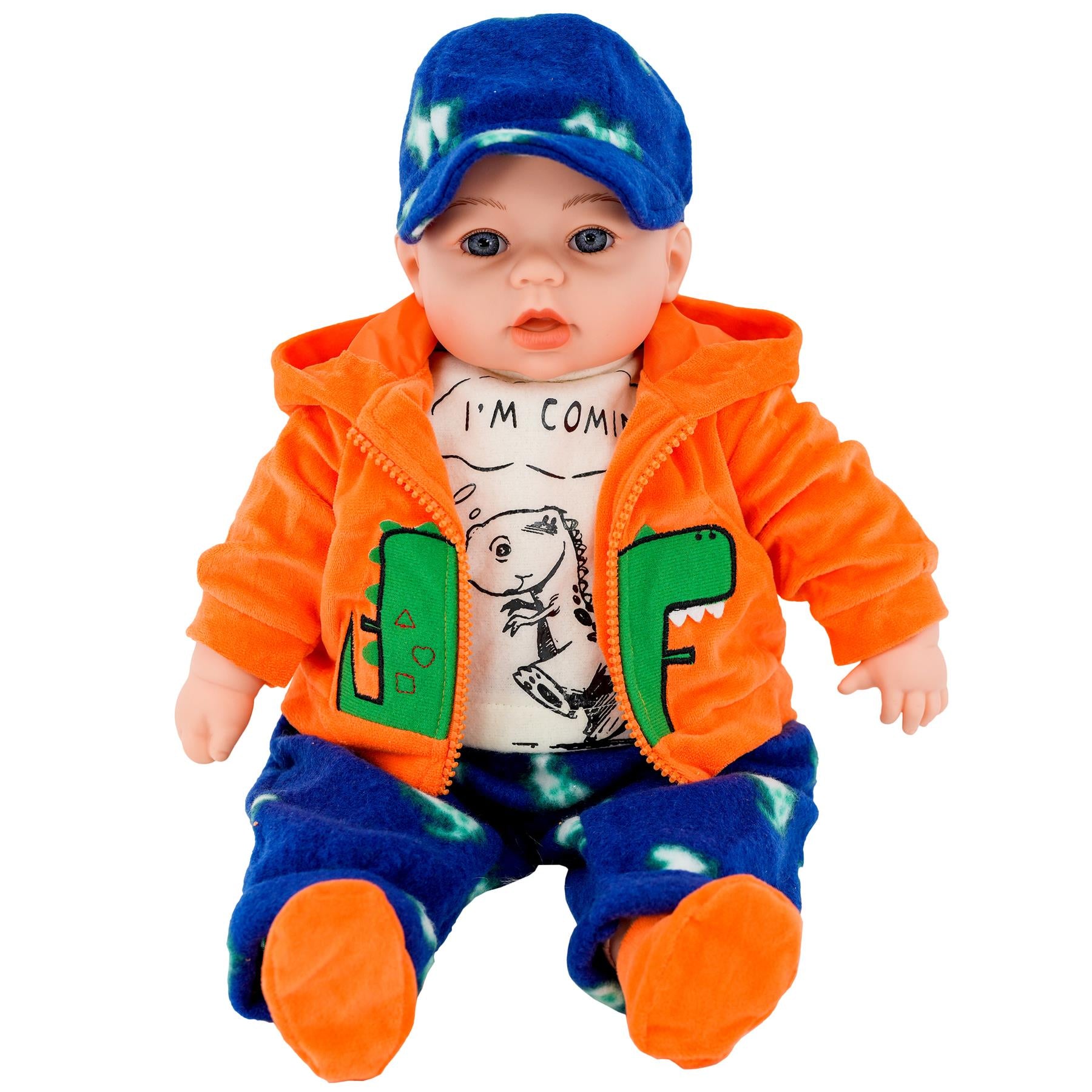 18" BiBi Doll Boy In Orange Jacket In Dinosaur Design by BiBi Doll - The Magic Toy Shop
