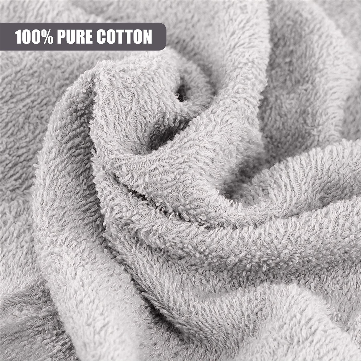 Grey hooded baby bath towels from GEEZY, featuring 100% pure cotton, in a close-up shot
