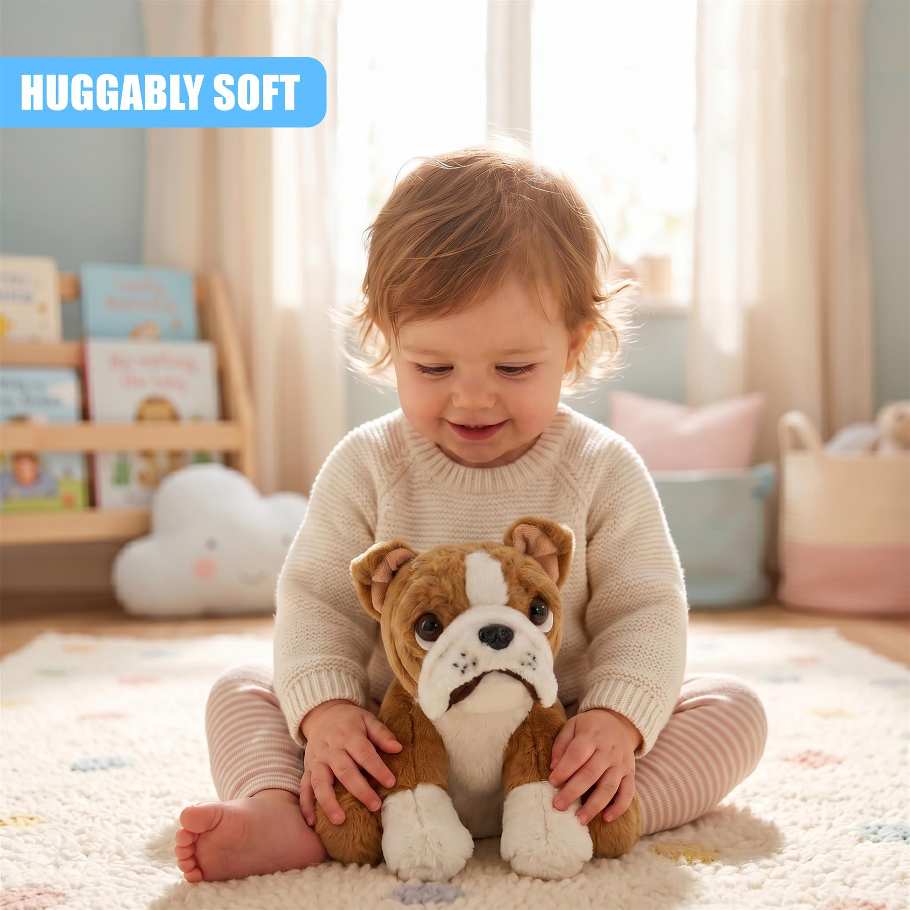Toddler sits on a rug with a stuffed British Bulldog toy. The toy has brown and white markings.