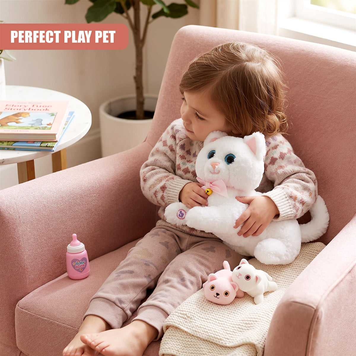 Interactive Plush Cat with 2 Kittens and Sounds