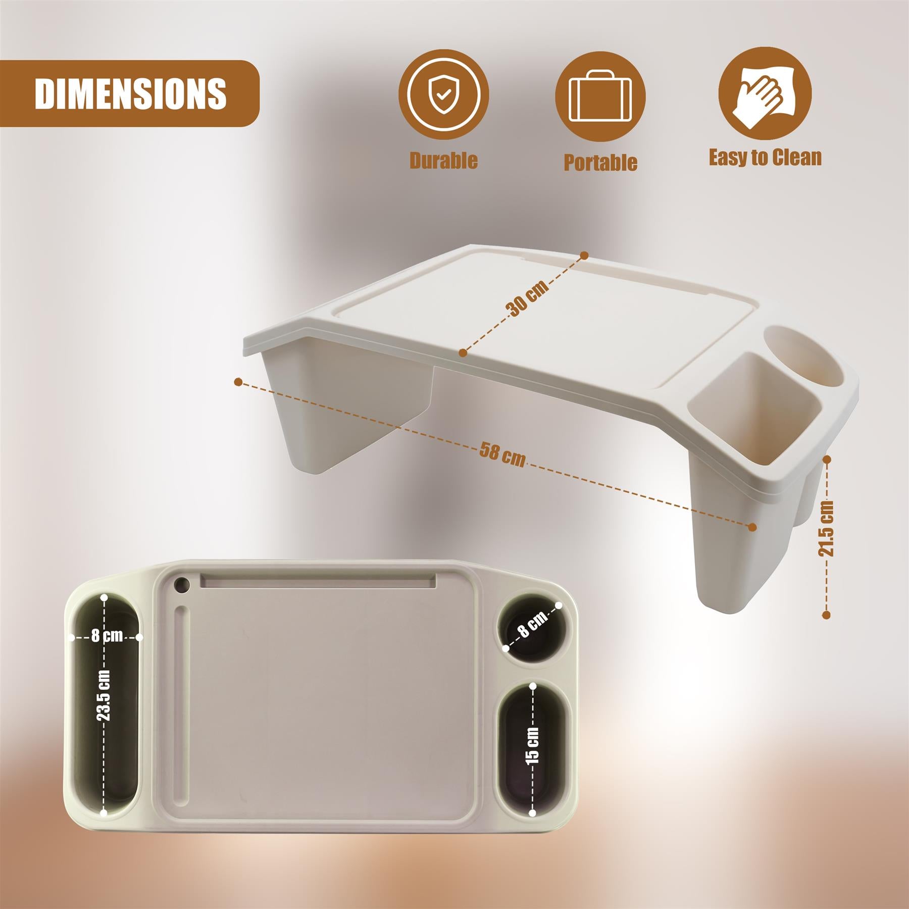 A compact, portable desk with a built-in cup holder and tray, ideal for studying, working, or dining on-the-go. The desk features a sturdy design, adjustable height, and a compact size, making it perfect for use in small spaces or as a travel companion. - The Magic Toy Shop