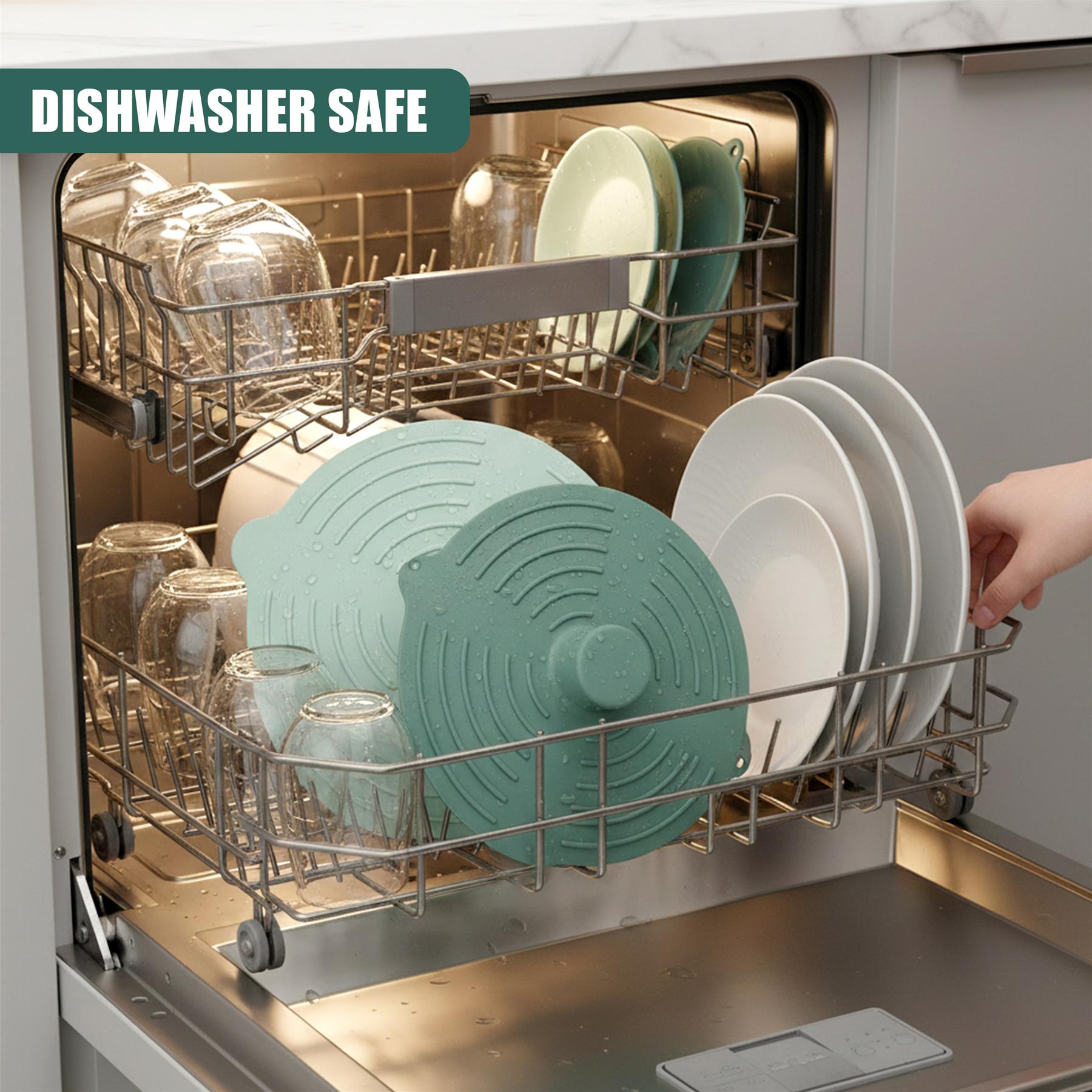 Three silicone food covers sit on a metal rack with stacked plates and drinking glasses in the dishwasher.