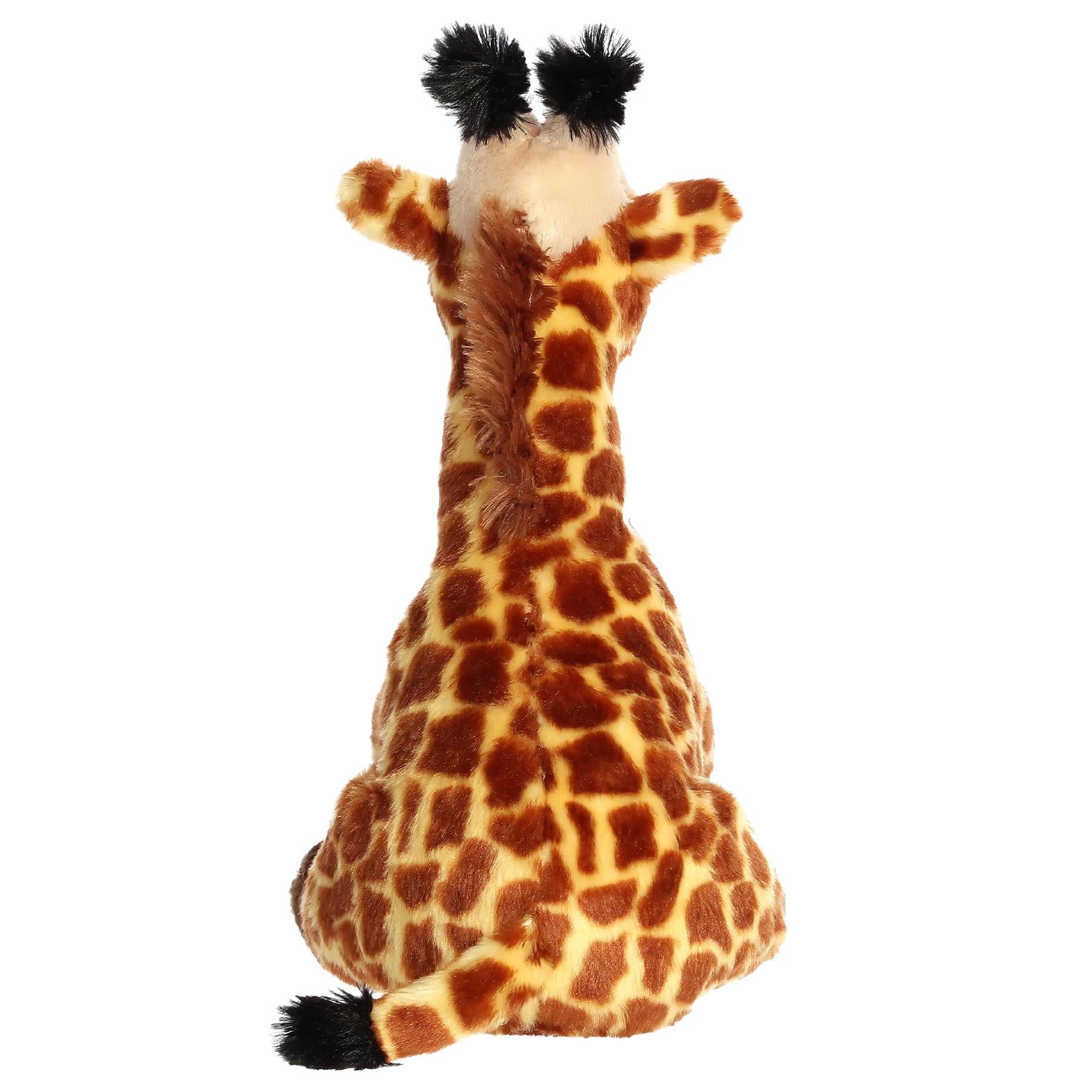 Plush giraffe toy featuring patterned brown and tan fur, small black tufts, and black hooves.