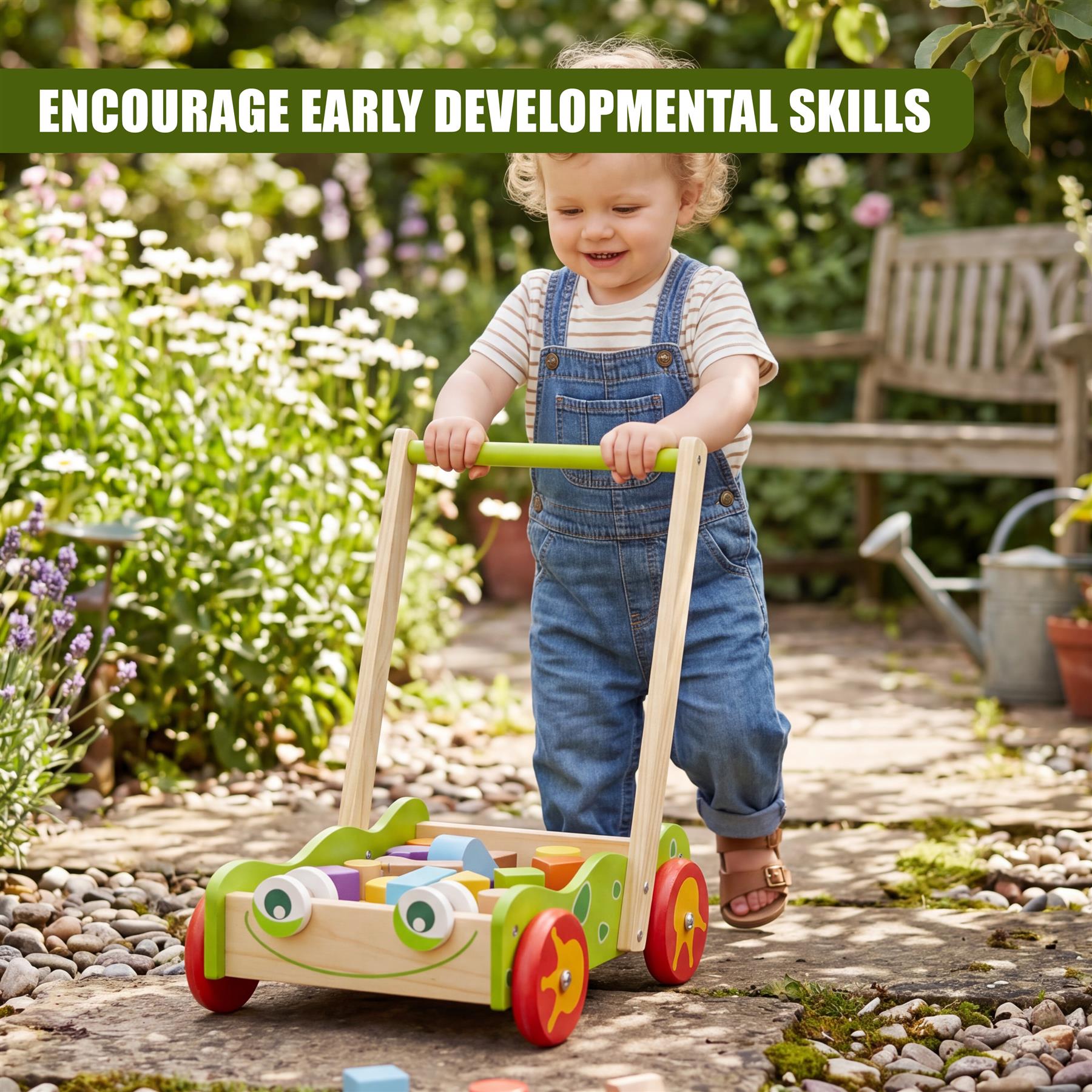 A wooden baby walker featuring handrails, removable blocks, and multiple colorful activity compartments.