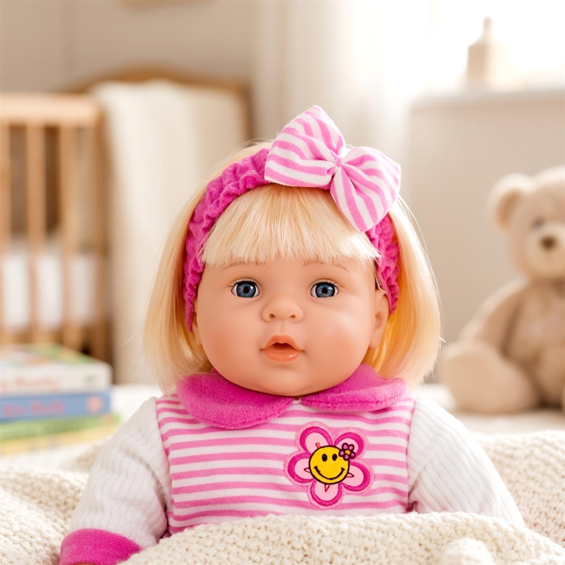 Vinyl baby girl fashion doll, approximately 60 centimeters tall, depicted in various outfits and poses.