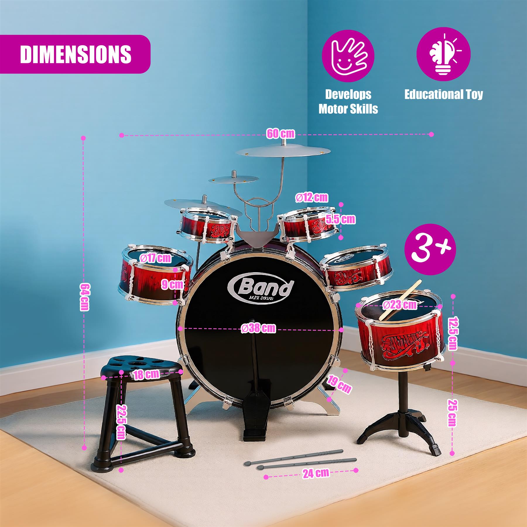 Kids Drum Kit With Stool 10 Piece