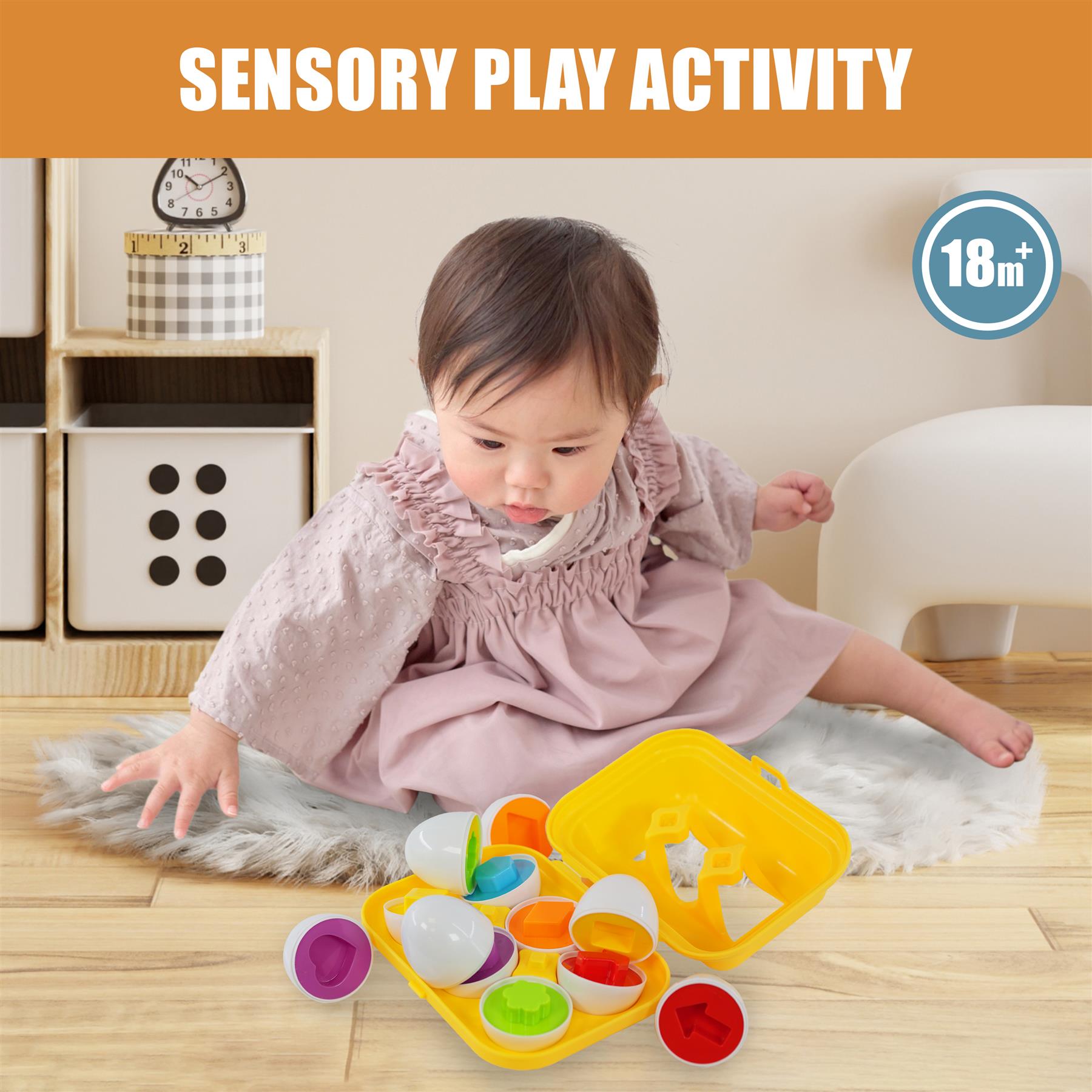 An educational toy featuring a set of colorful eggs, each with unique shape and size for children to learn about sorting by matching shapes and colors. TheMagicToyShop.