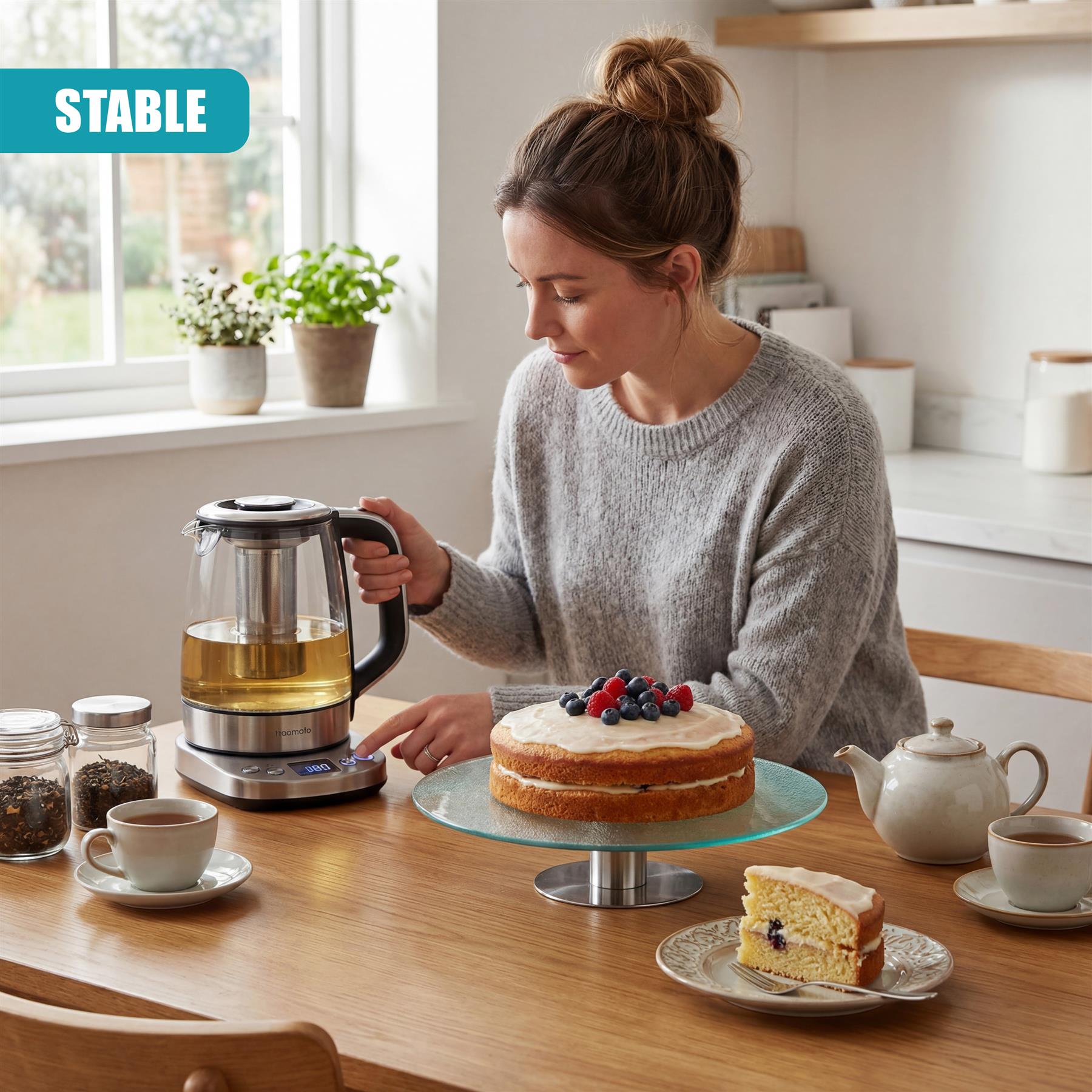Clear glass cake stand displaying a round, decorated cake centered on a wooden table.