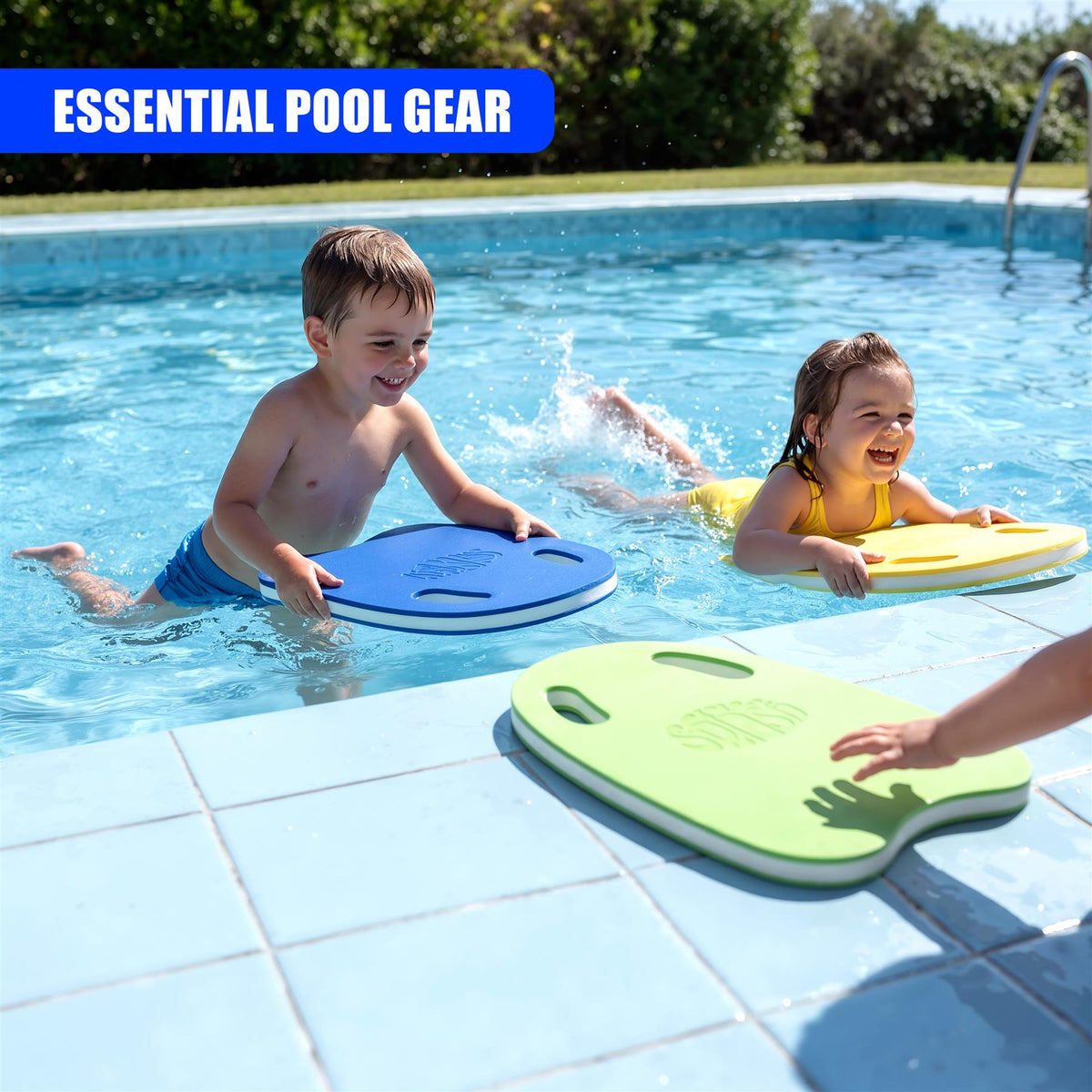Two children splash and play in a blue swimming pool with GEEZY EVA Foam Kickboards