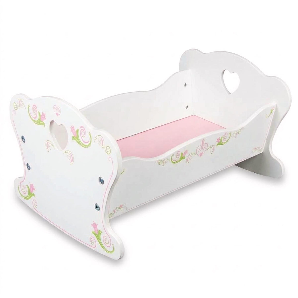 Wooden doll cradle with a pink interior, decorative floral patterns and heart cutouts