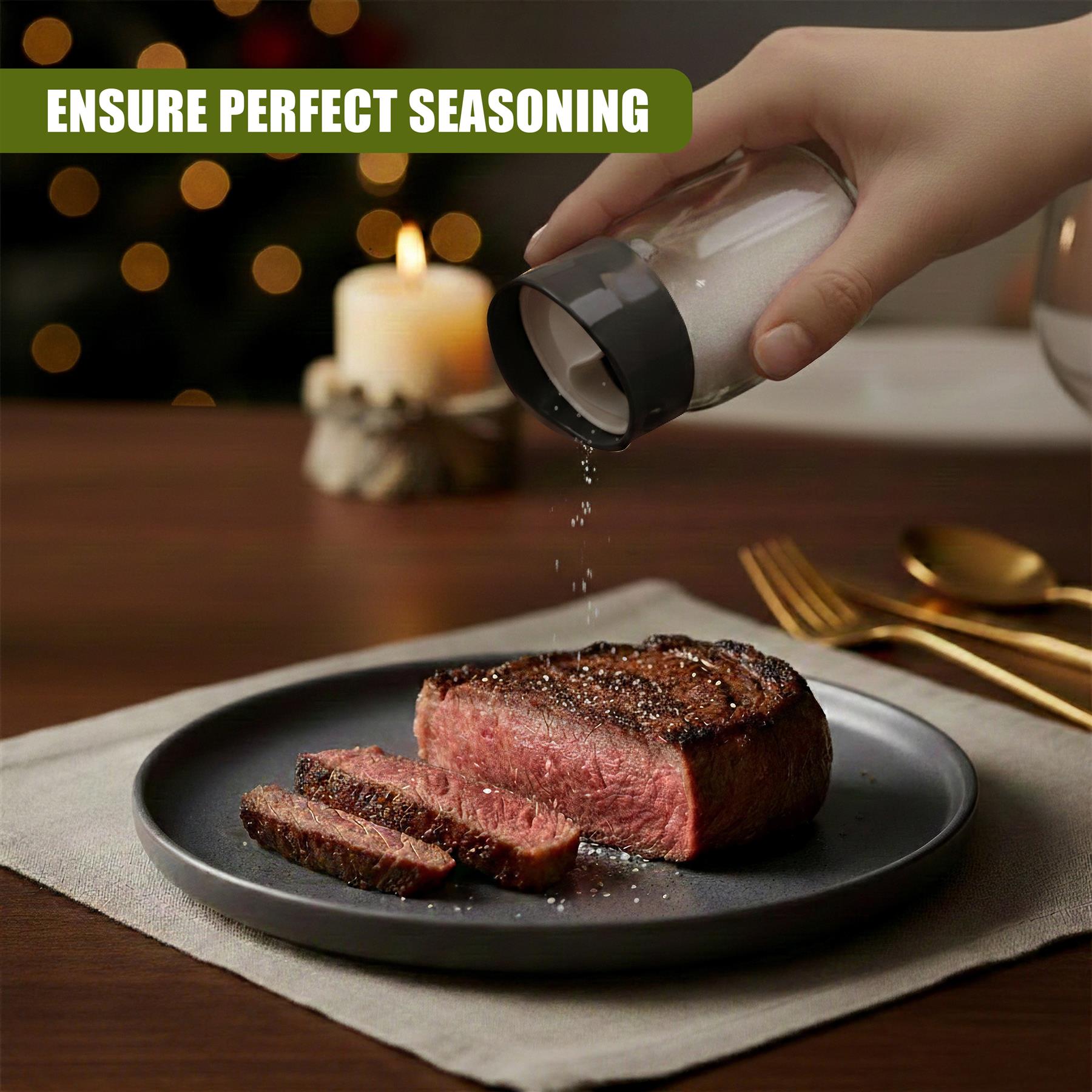 Hand sprinkles salt from a glass cruet over a plated, cooked steak and sliced portions.