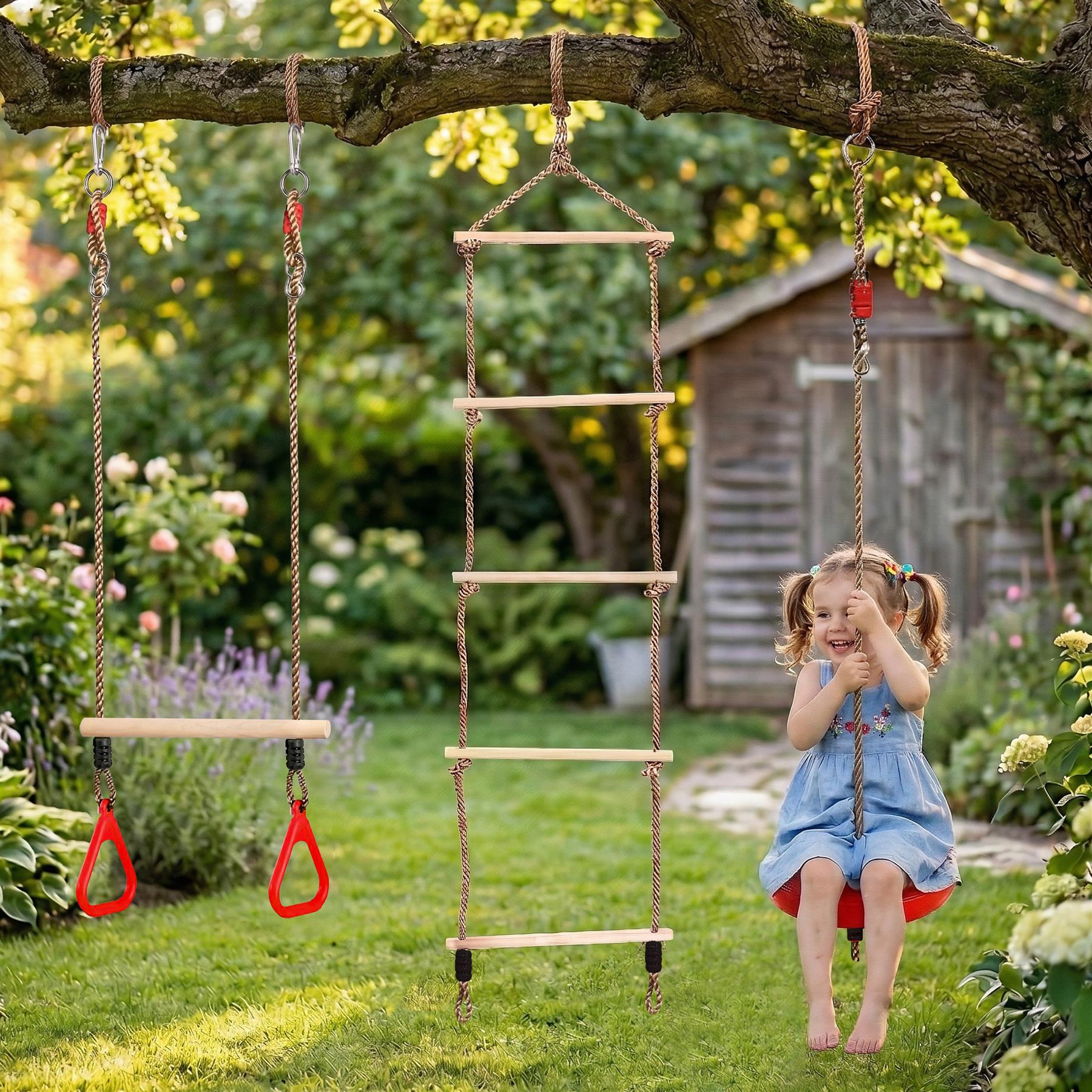 Garden rope ladder and two swings hang from a branch over a lush garden green.