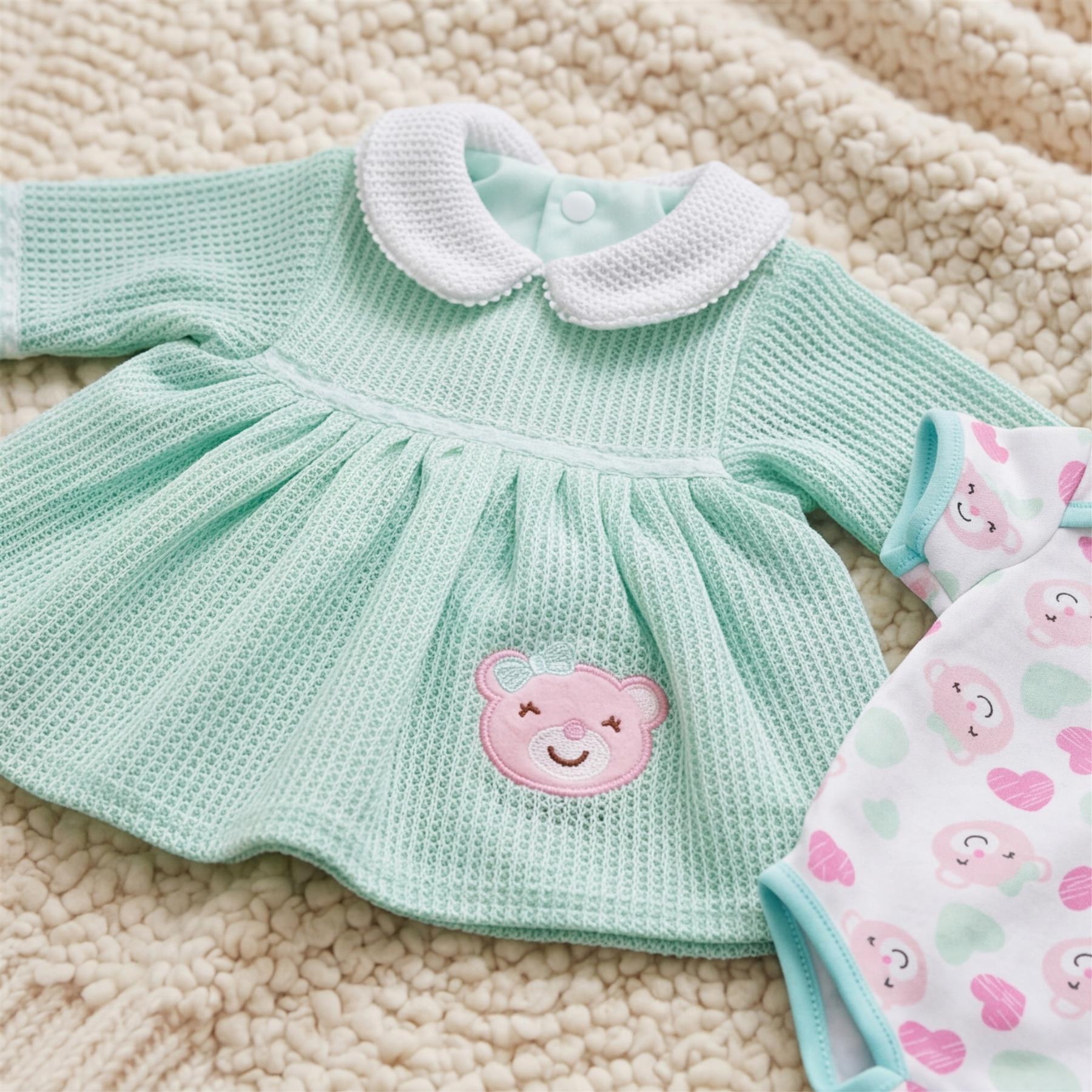 Mint green knitted doll dress with white collar and pink bear appliqué on white baby clothes.