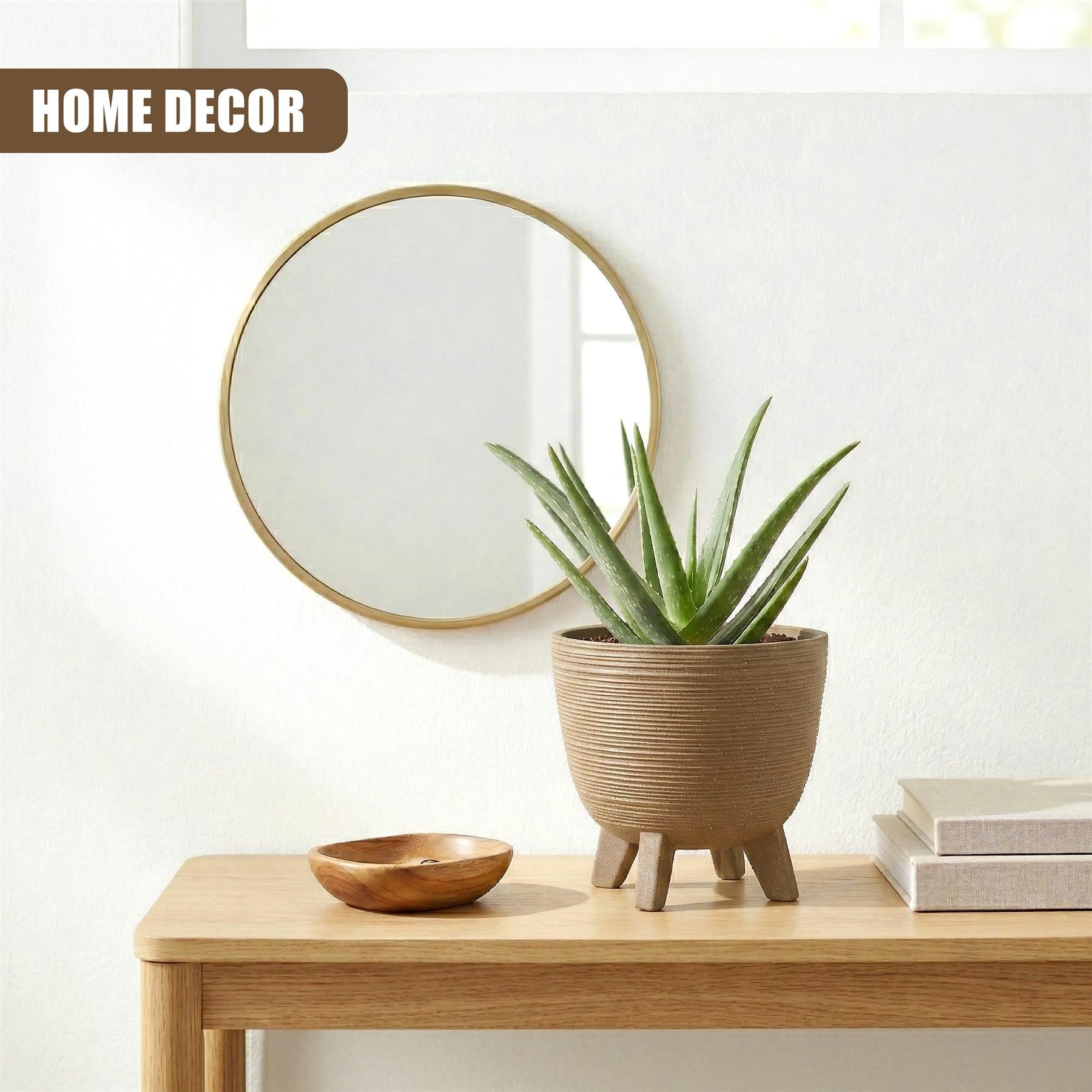 A ribbed brown planter with legs, holding a succulent plant, sits on a wooden table surface.