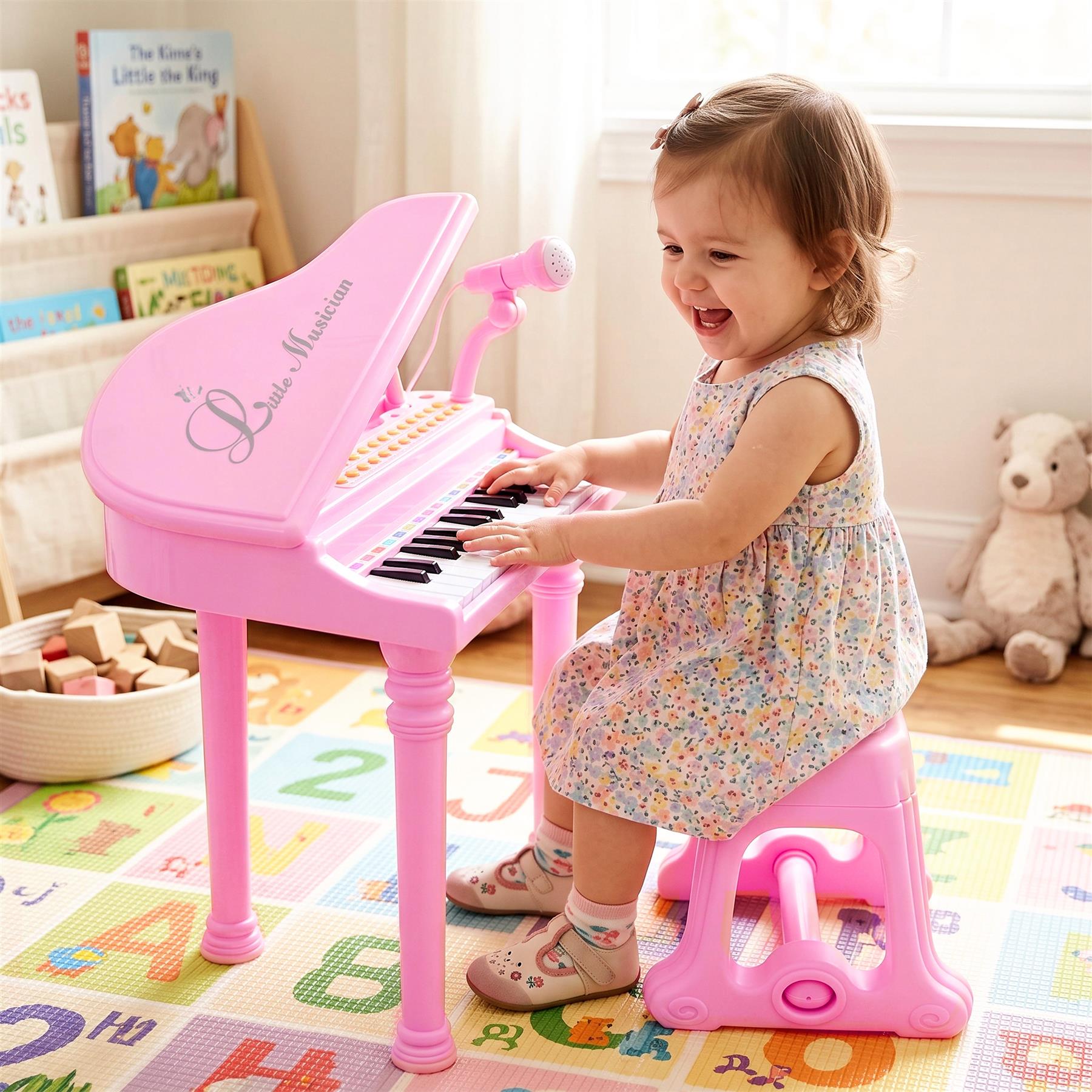 Pink Electronic Piano With Microphone and Stool