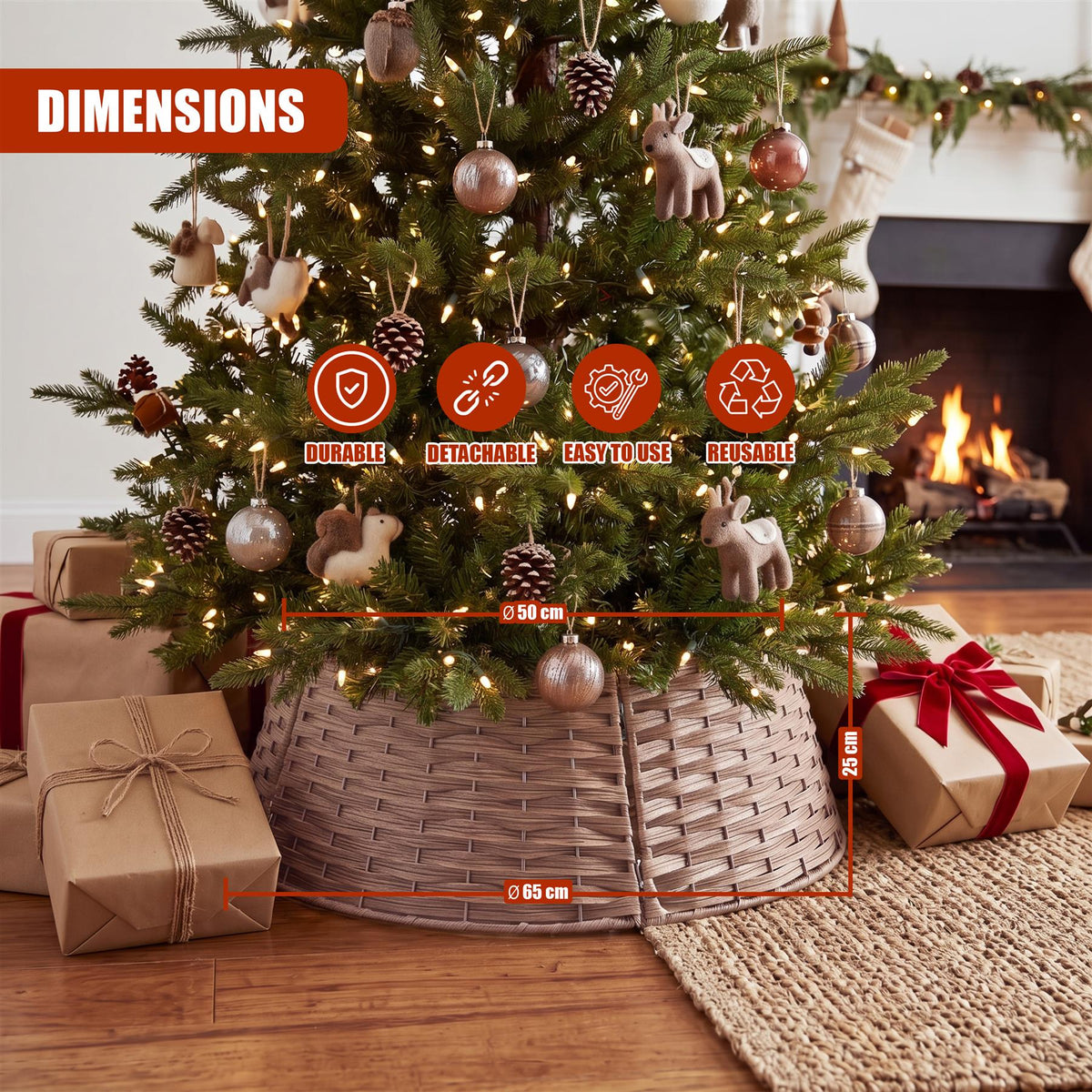 Natural brown GEEZY Christmas tree skirt with basket weave design, measuring 65cm across