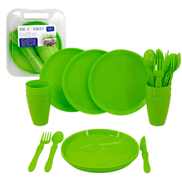 GEEZY Green Camping Set For Six 31 Pieces Plastic Picnic Set Camping Tableware and Cutlery Travel Accessories Outdoor Living