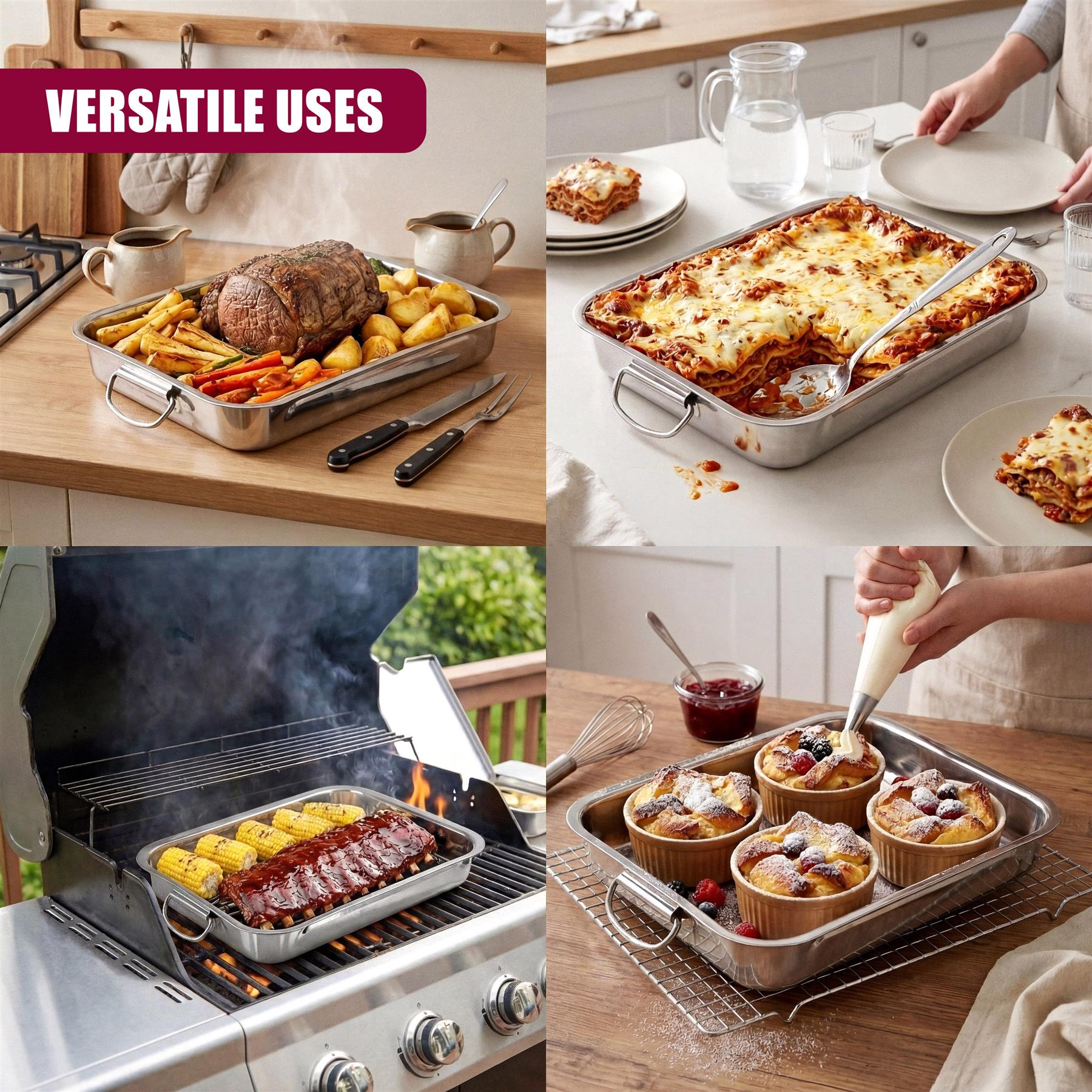 Stainless steel trays are used for roasting meats, baking casseroles, and cooking individual baked dishes.