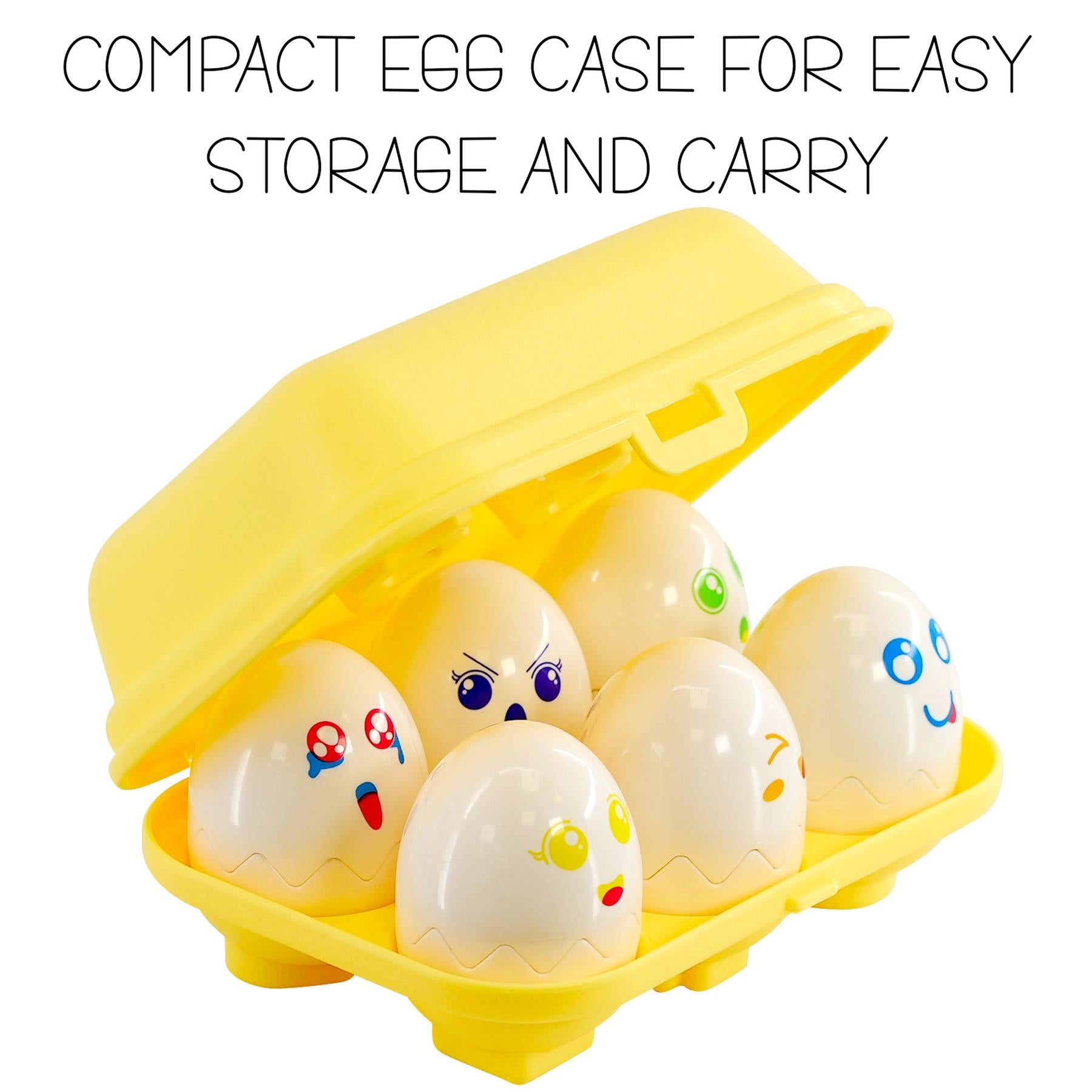 Yellow carrying case holds six white, painted egg figures with varying facial expressions.