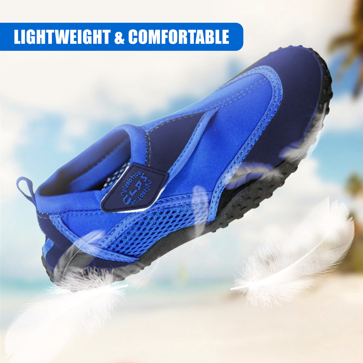 Blue GEEZY aqua shoes for kids, lightweight and comfortable, shown on a beach