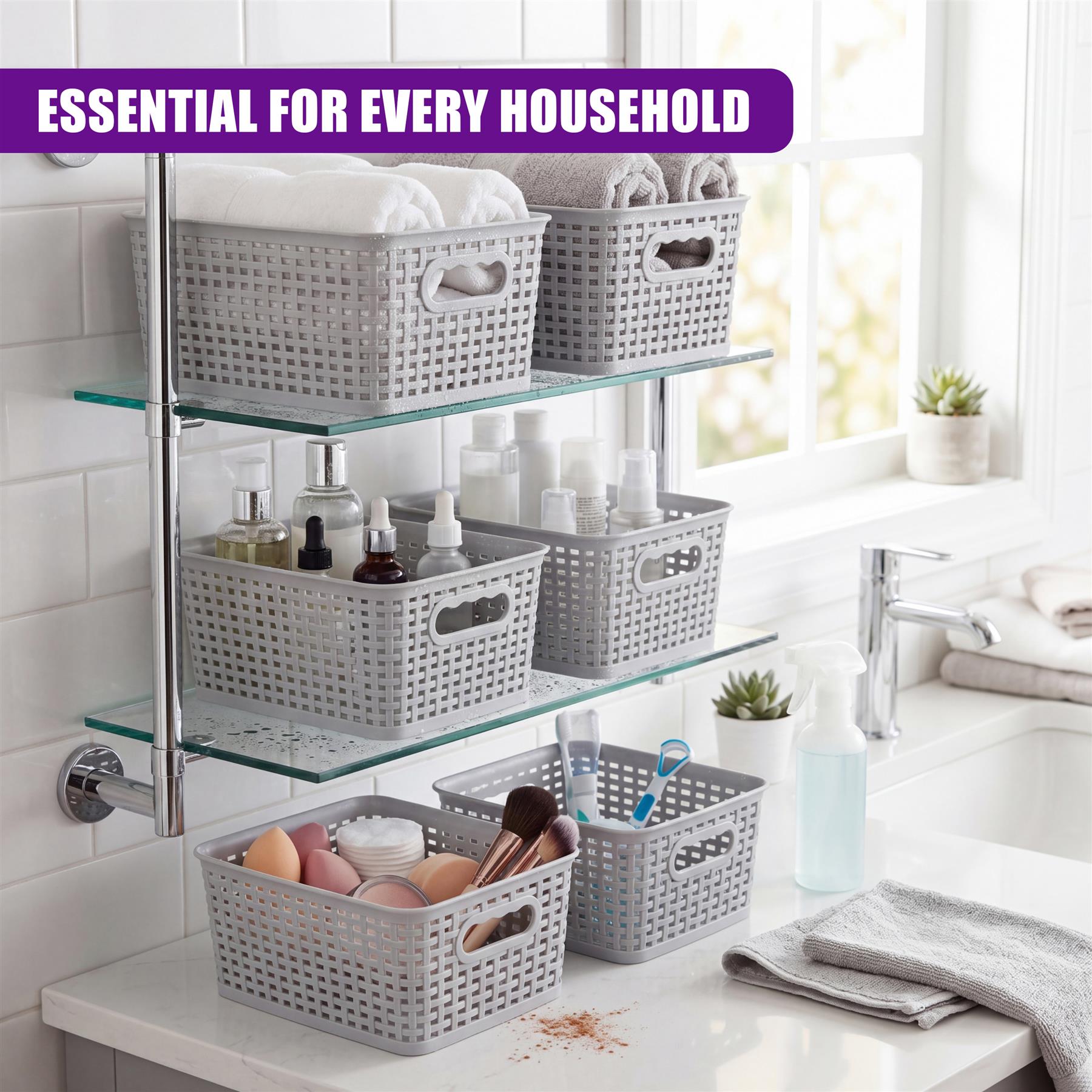 Six gray woven baskets are organized on a multi-tiered wire shelf unit in a bathroom setting.