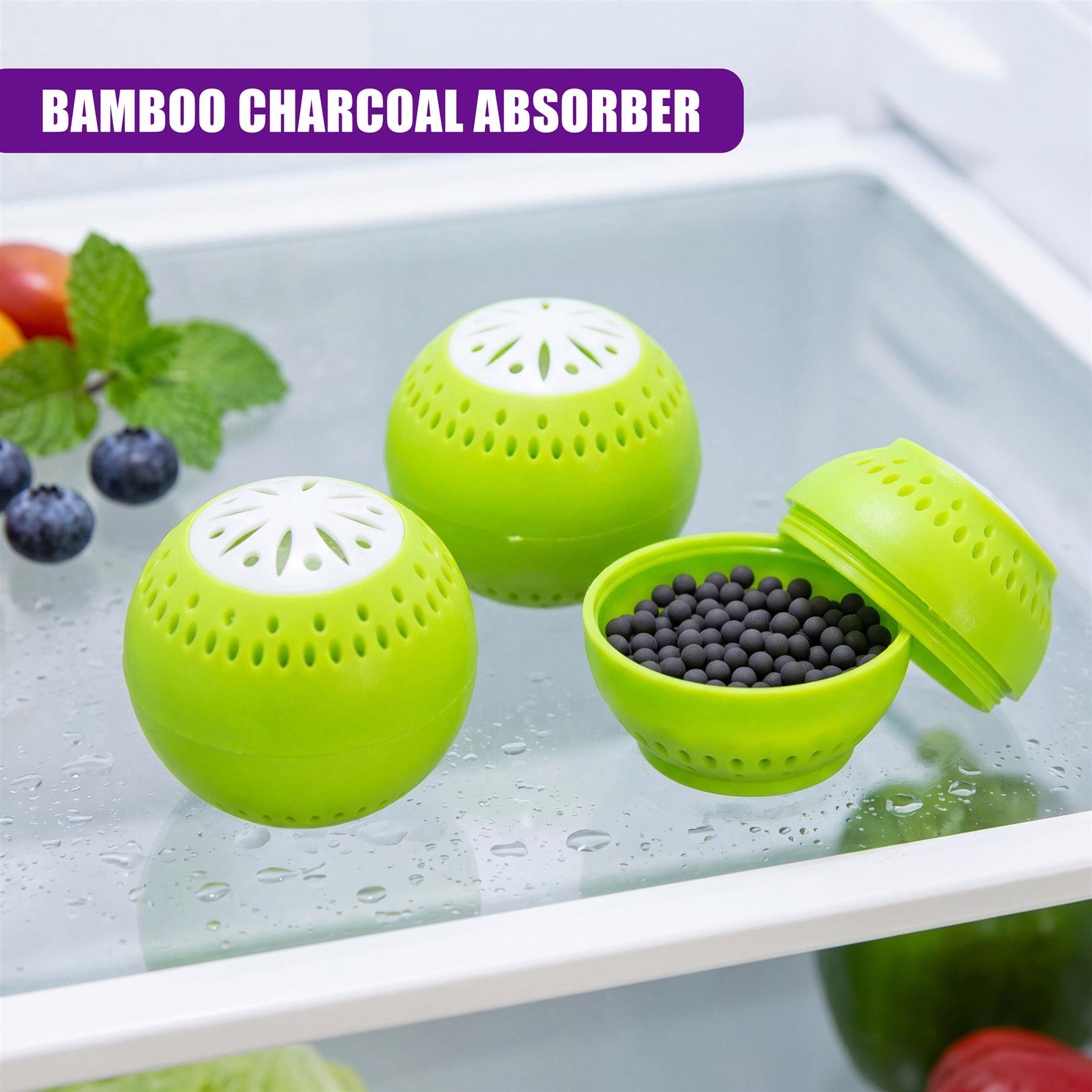 Three green containers, two solid and one open, hold black charcoal deodorizing pellets.