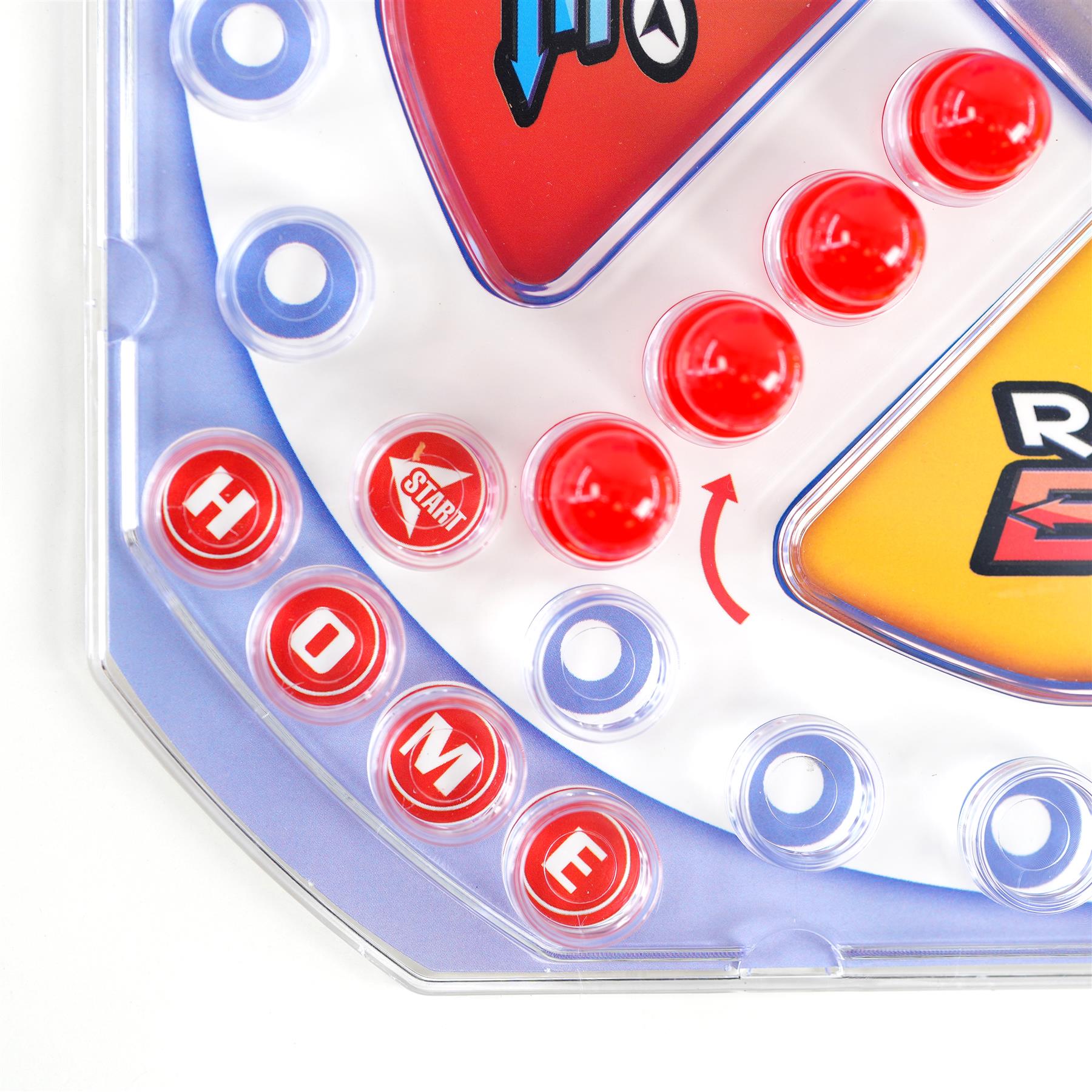 Close-up game board showing labeled START and HOME squares, colored player tokens, and movement arrows.