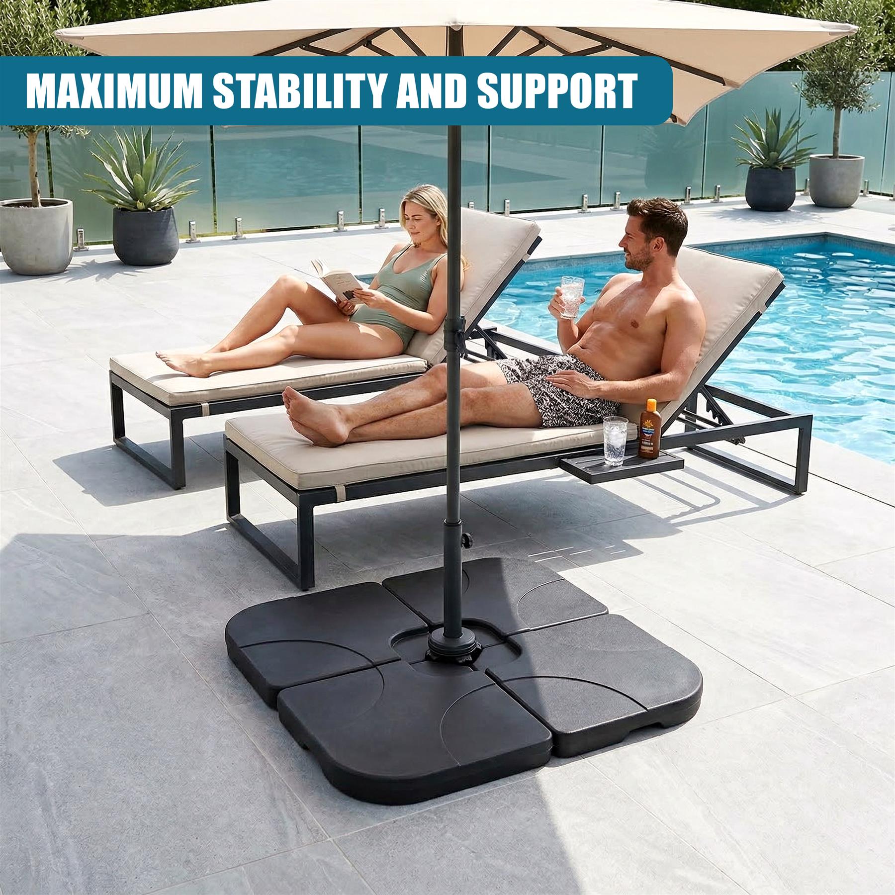 Black, square, weighted base for a cantilever parasol standing on a tiled outdoor patio.