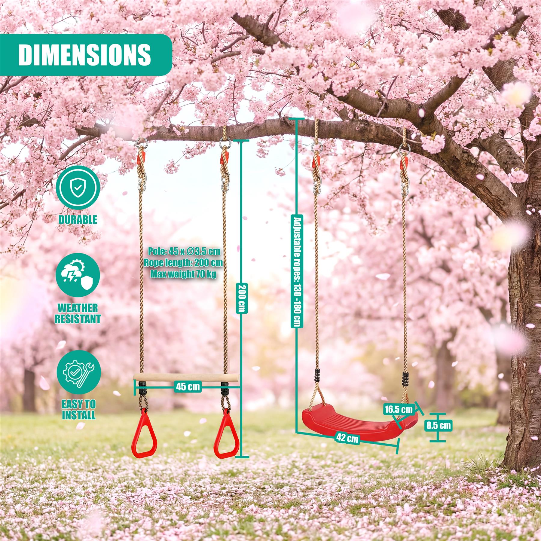 Swing set diagram showing dimensions for two single swings and one attached bench swing.