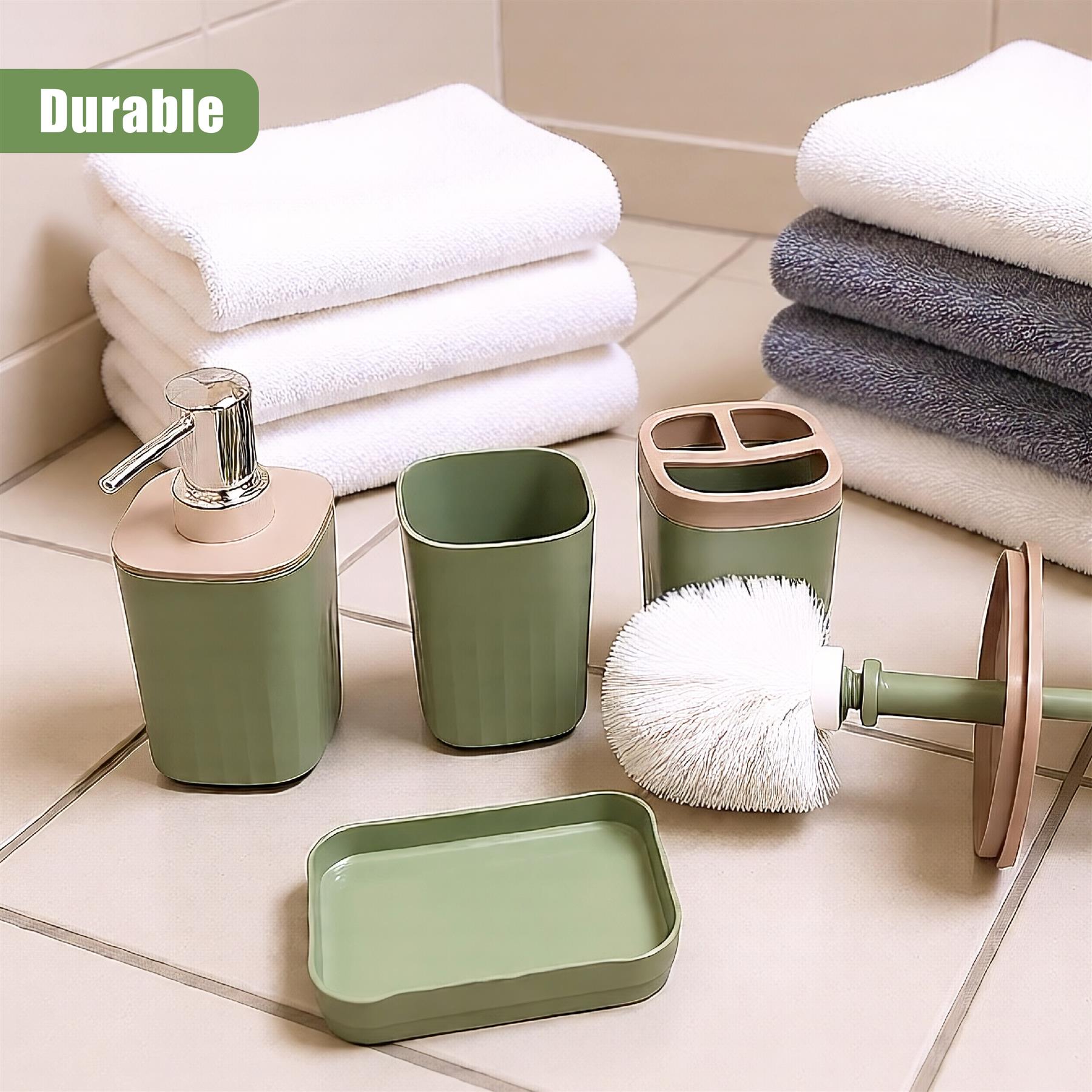 Bathroom accessories set: 1. Green mug with a handle, 2. Black soap container with two compartments and a scoop, 3. Tan soap dish with a handle, 4. White towel hanging on the wall, 5. Blue washcloth in the corner. - The Magic Toy Shop