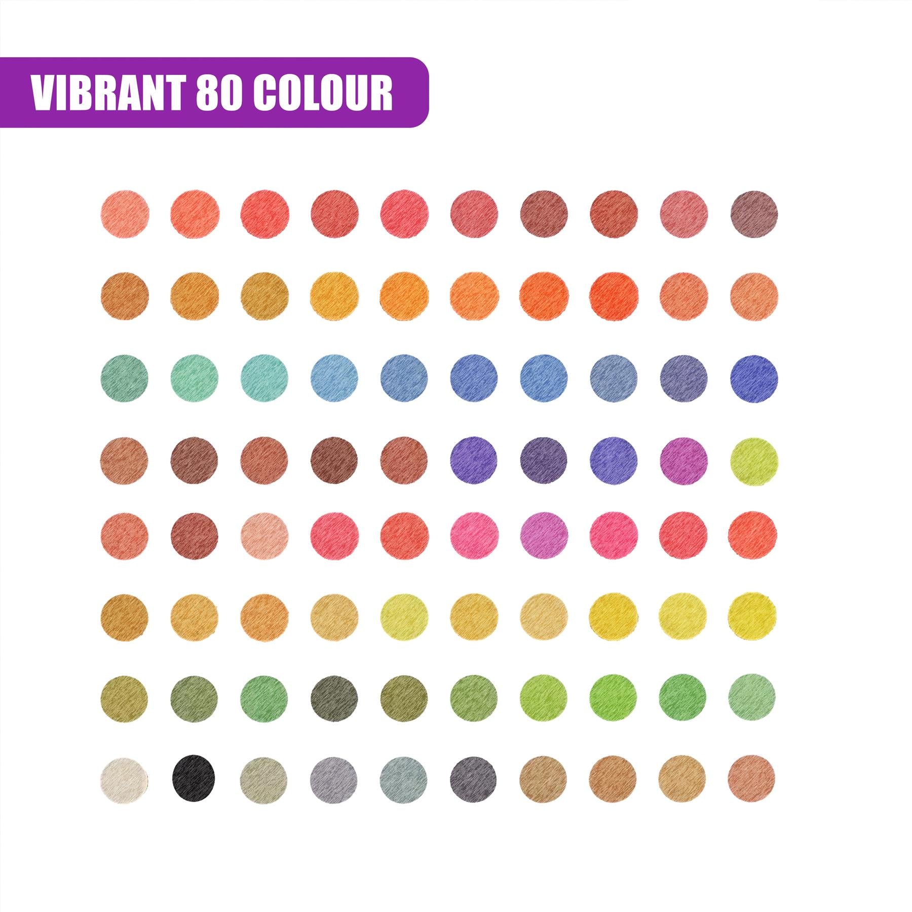 Grid display of eighty varied color circles representing a comprehensive collection of pencils.