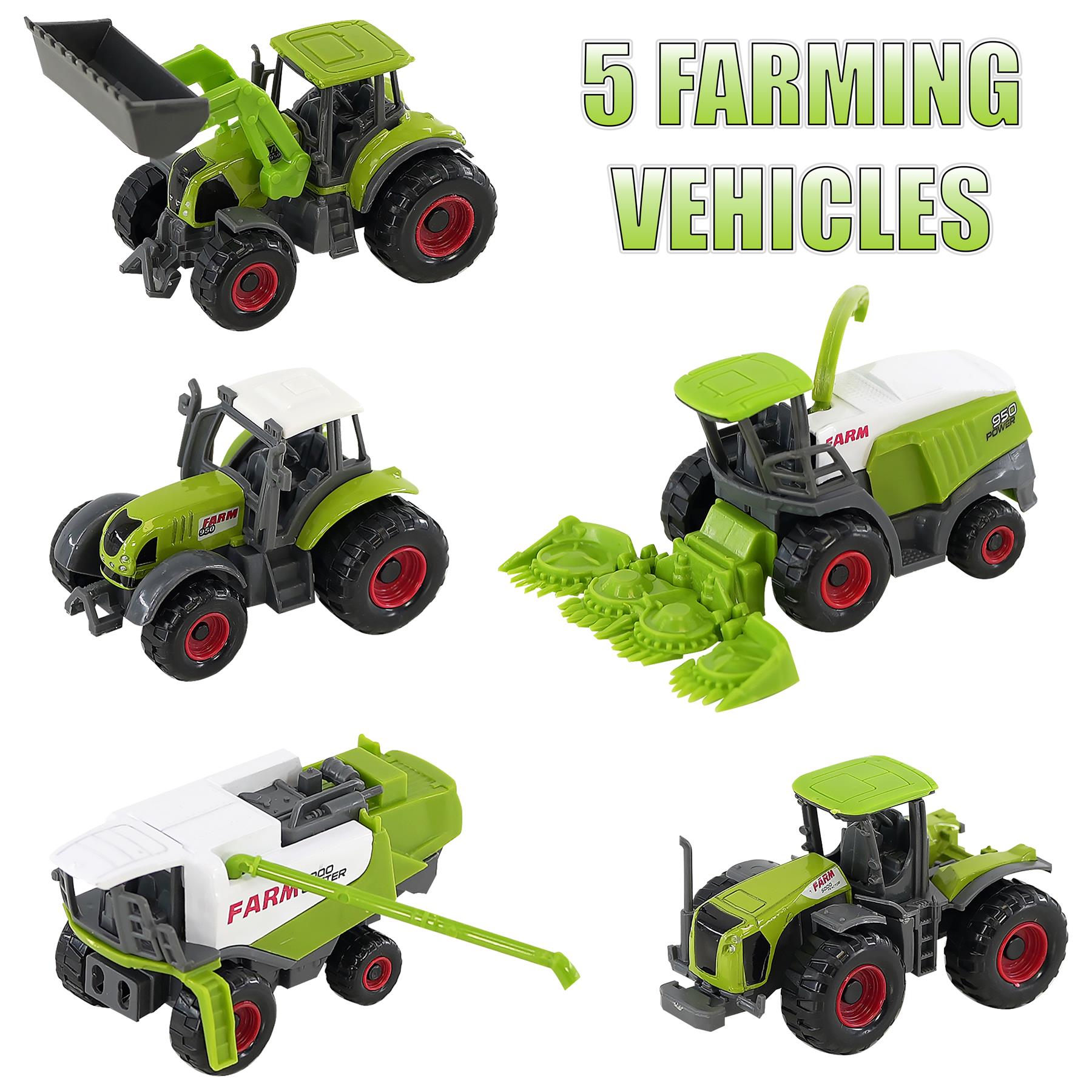 A set of 5 farming vehicles, including a tractor, combine, harvester, plow, and tractor with a trailer. Each vehicle is made of high-quality plastic and is designed for kids aged 3-12. The set is suitable for imaginative play and is a great gift for kids who love farming and farming-related activities. - The Magic Toy Shop