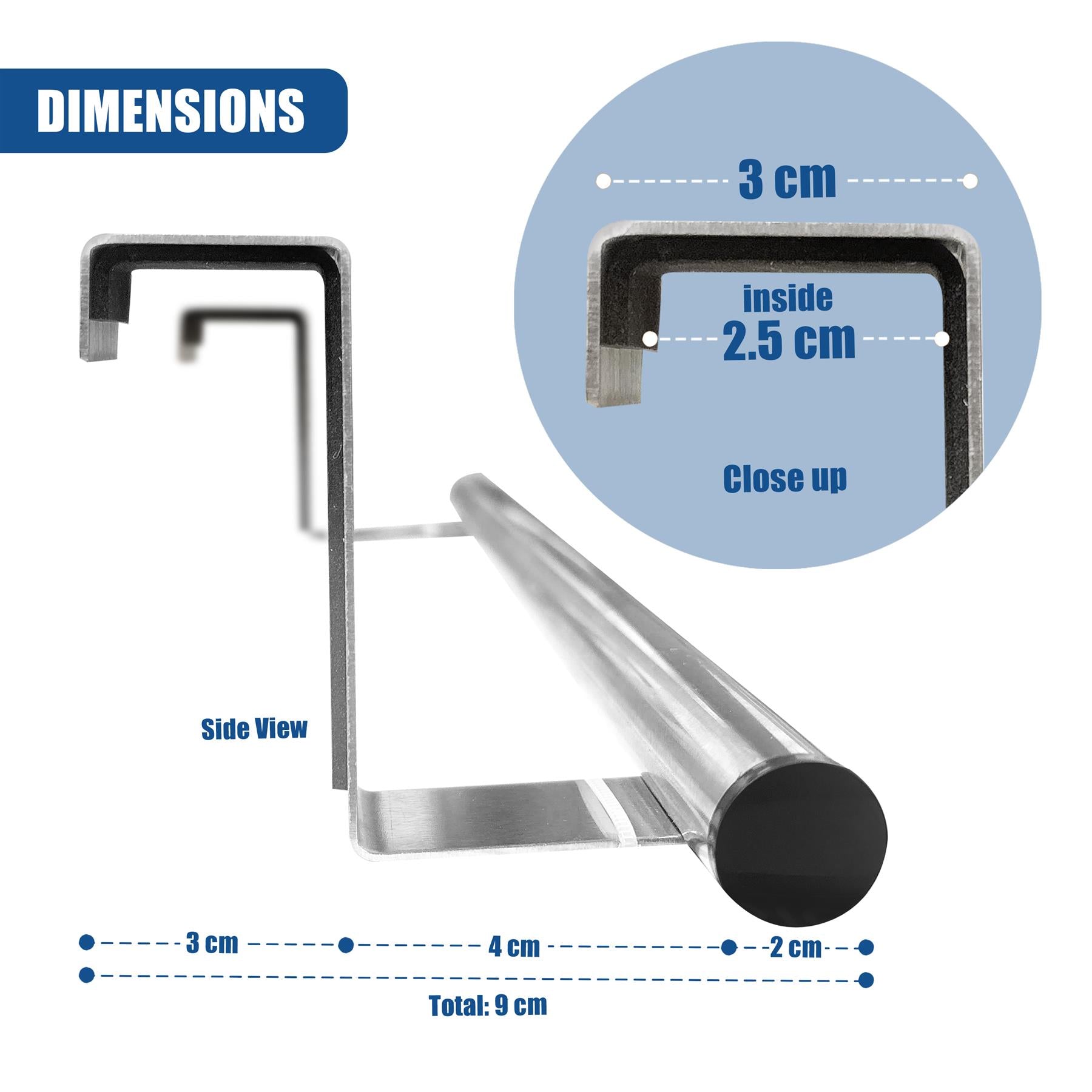 Technical diagram illustrating the dimensions of the metal over-door rail, totaling nine centimeters.