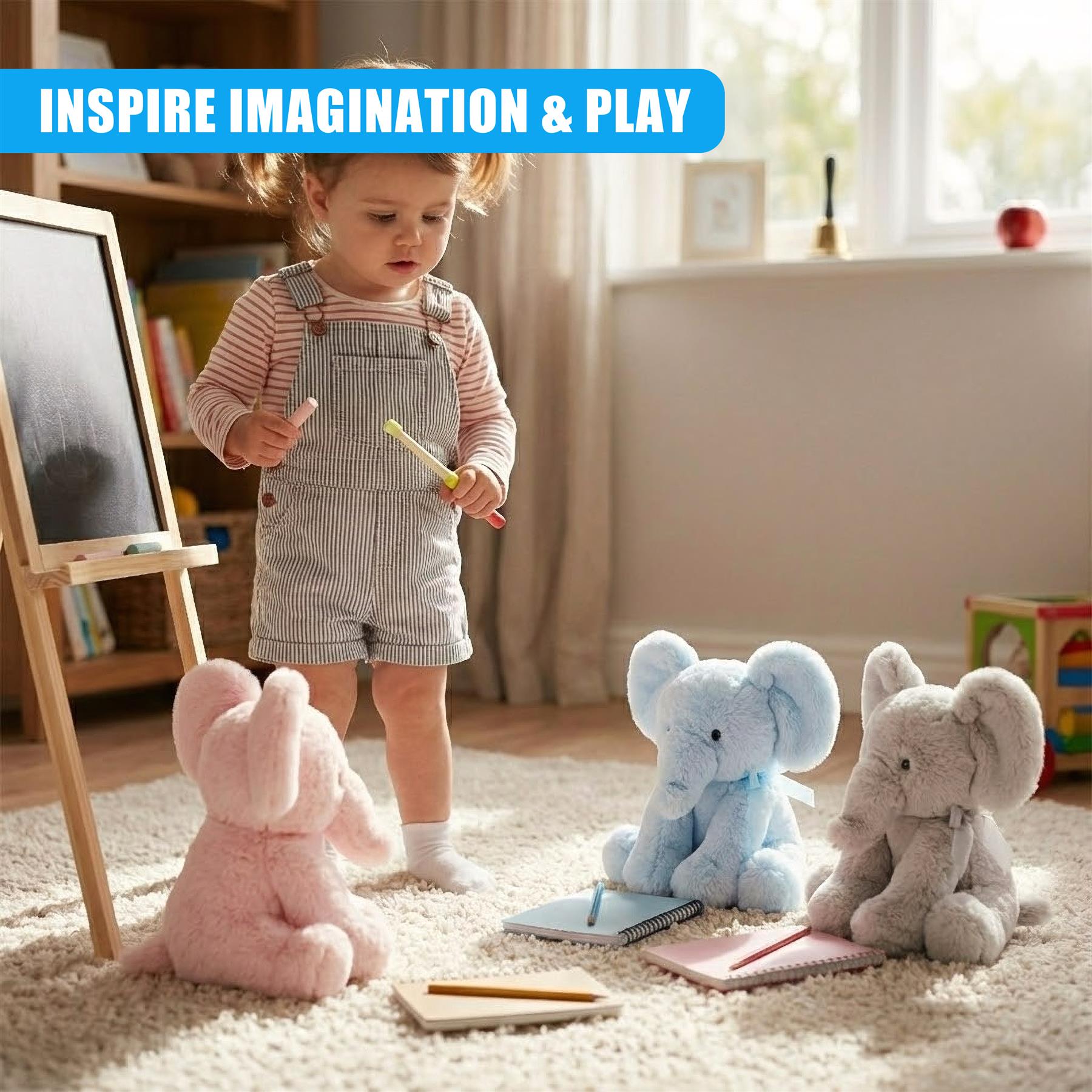 A child stands in a playroom, holding a chalkboard and surrounded by stuffed animals. The child is dressed in a striped shirt and overalls, and the room is filled with toys and books. - The Magic Toy Shop