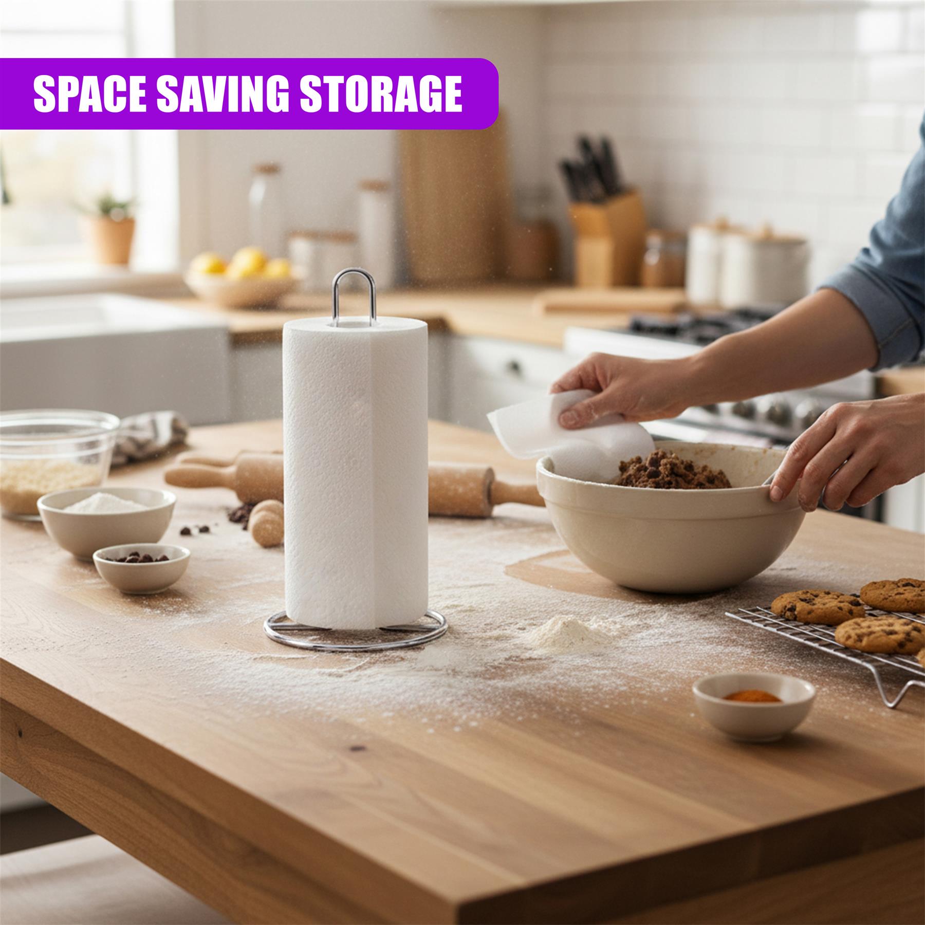Chrome roll stand containing paper towels rests on a wooden countertop used for baking.
